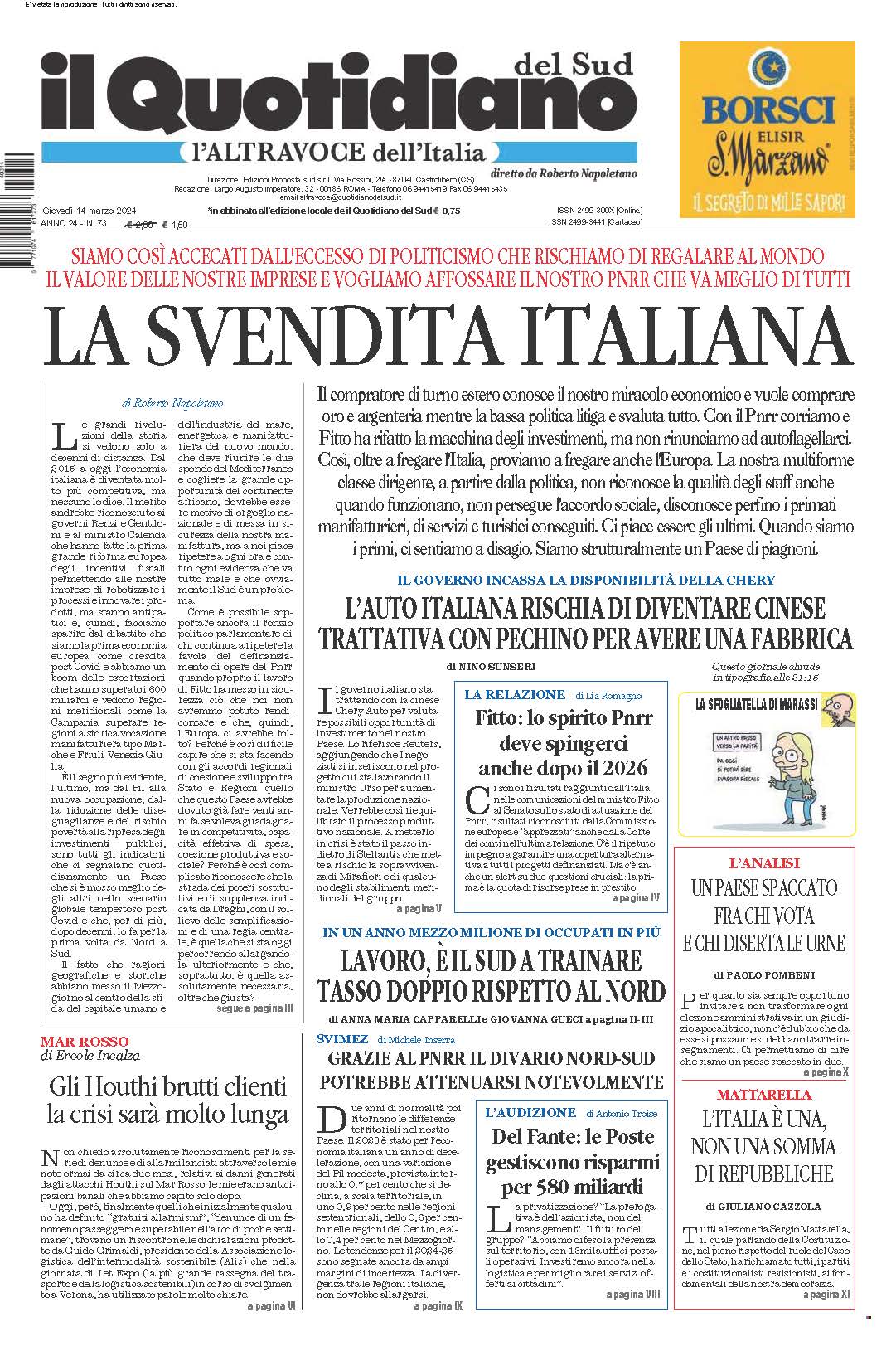 La prima pagina de l’ALTRAVOCE dell’ITALIA in edicola oggi