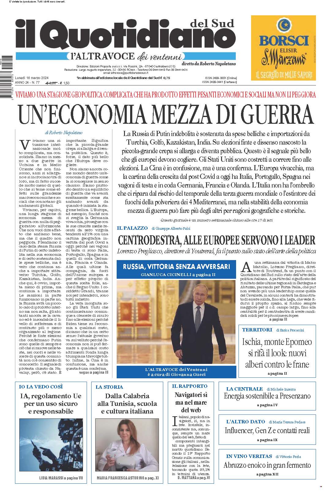 La prima pagina de l’ALTRAVOCE dell’ITALIA in edicola oggi