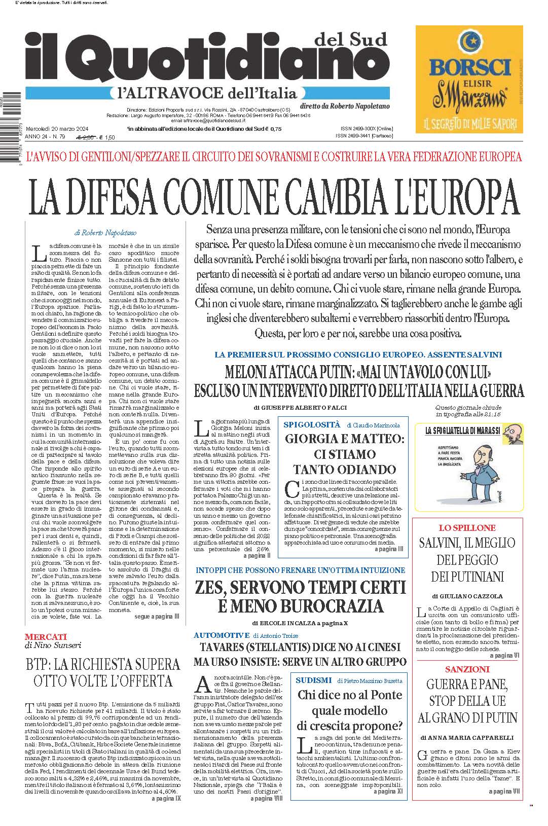 La prima pagina de l’ALTRAVOCE dell’ITALIA in edicola oggi