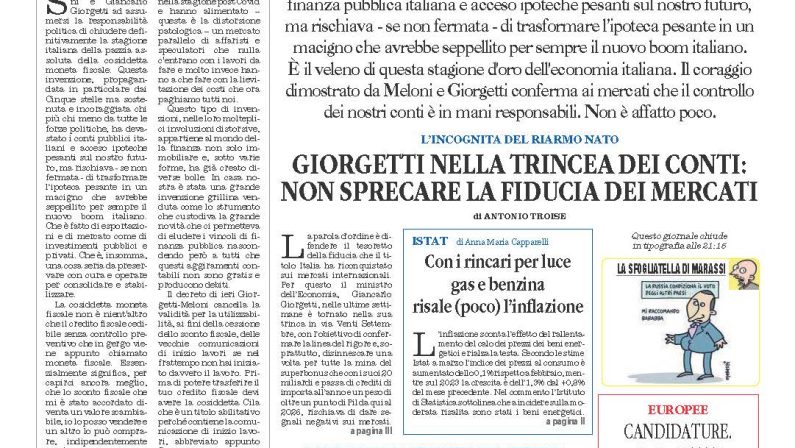 La prima pagina de l’ALTRAVOCE dell’ITALIA in edicola oggi