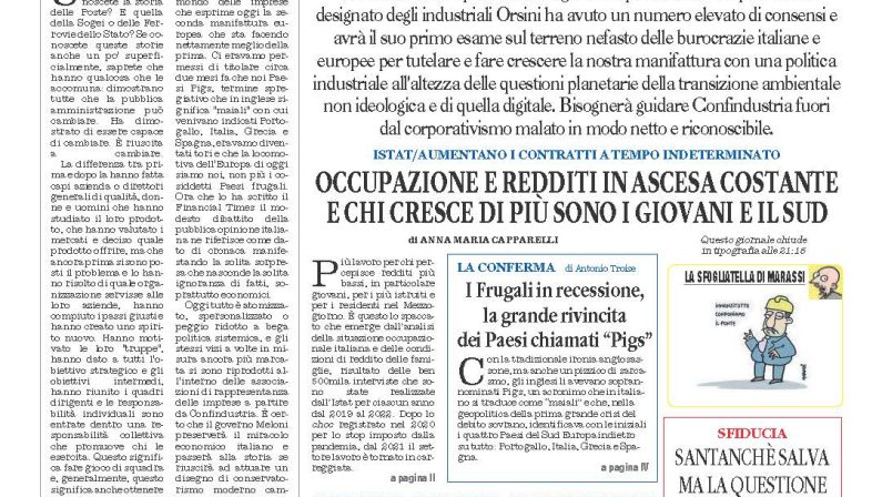 La prima pagina de l’ALTRAVOCE dell’ITALIA in edicola oggi