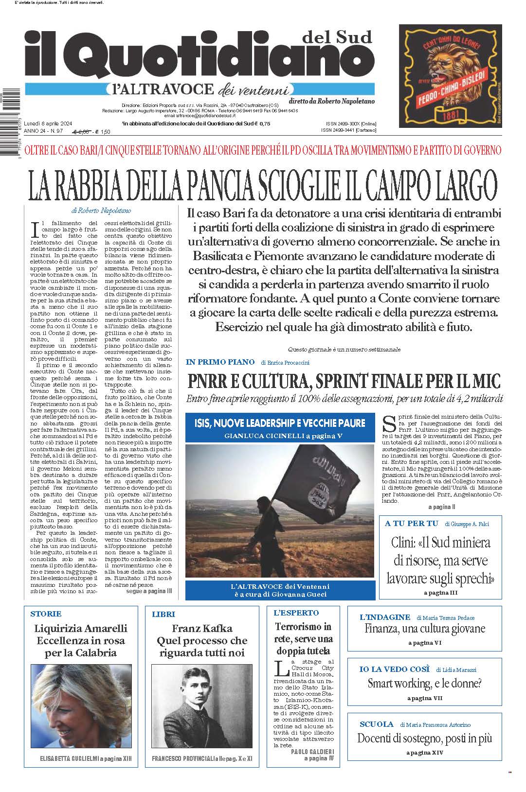 La prima pagina de l’ALTRAVOCE dell’ITALIA in edicola oggi