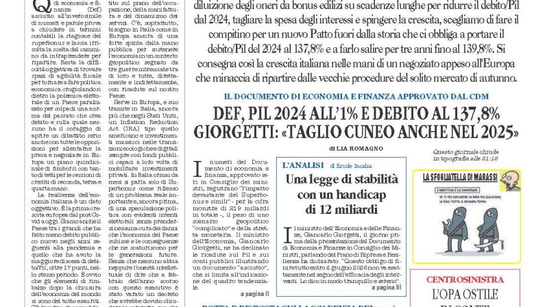 La prima pagina de l’ALTRAVOCE dell’ITALIA in edicola oggi