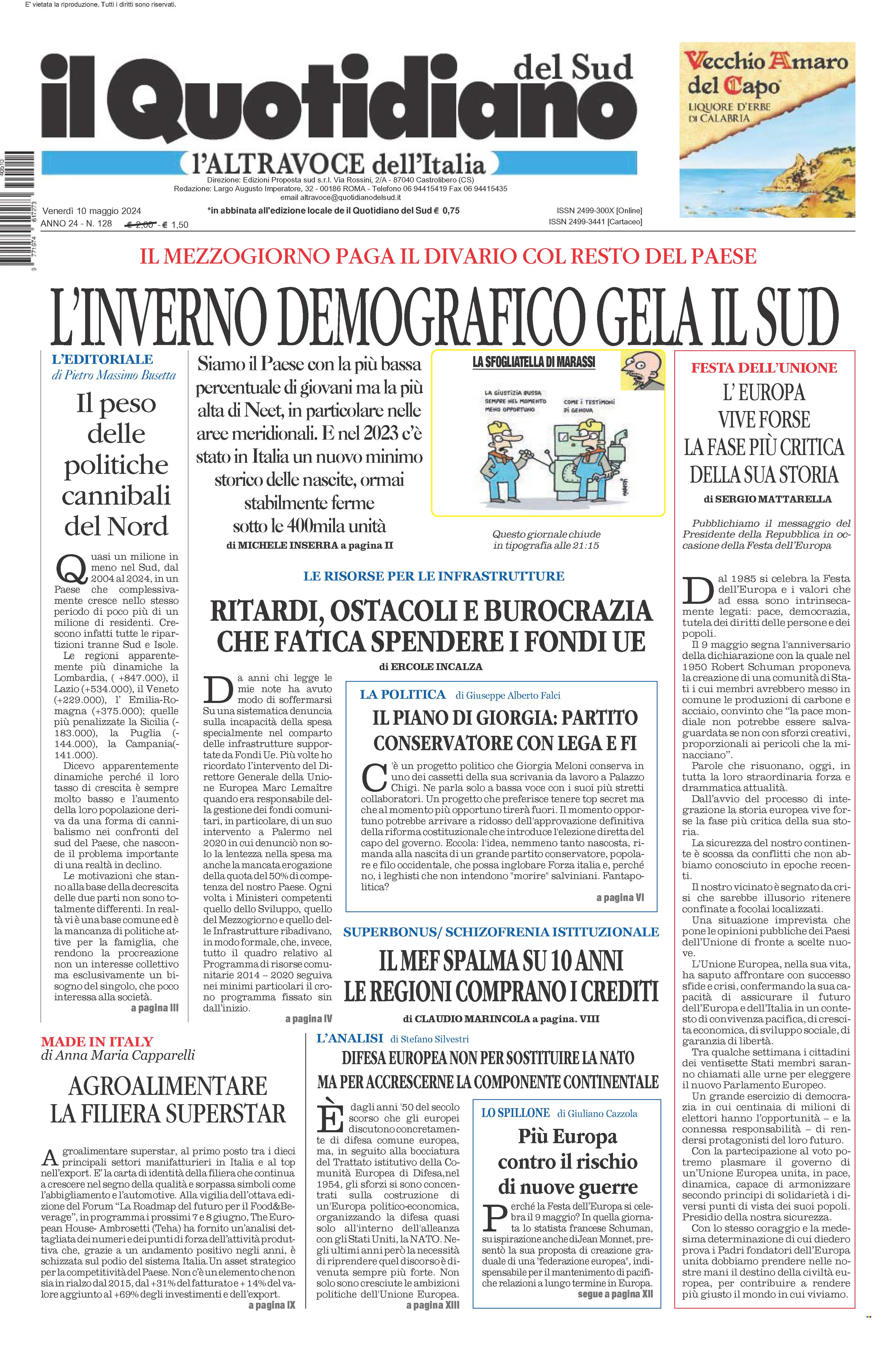 La prima pagina de l’ALTRAVOCE dell’ITALIA in edicola oggi