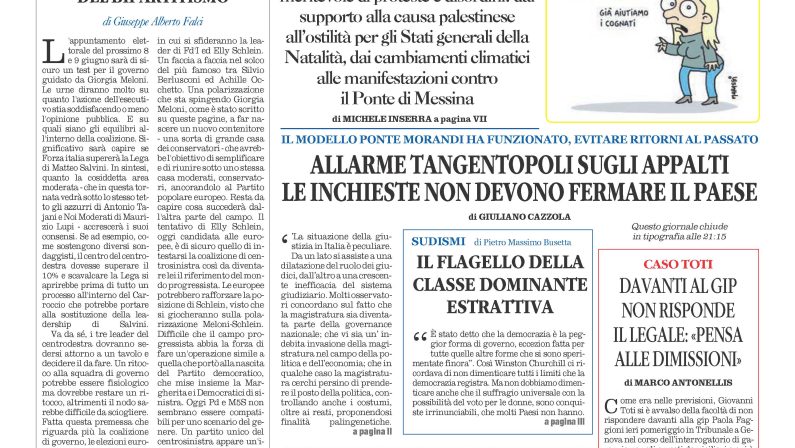 La prima pagina de l’ALTRAVOCE dell’ITALIA in edicola oggi