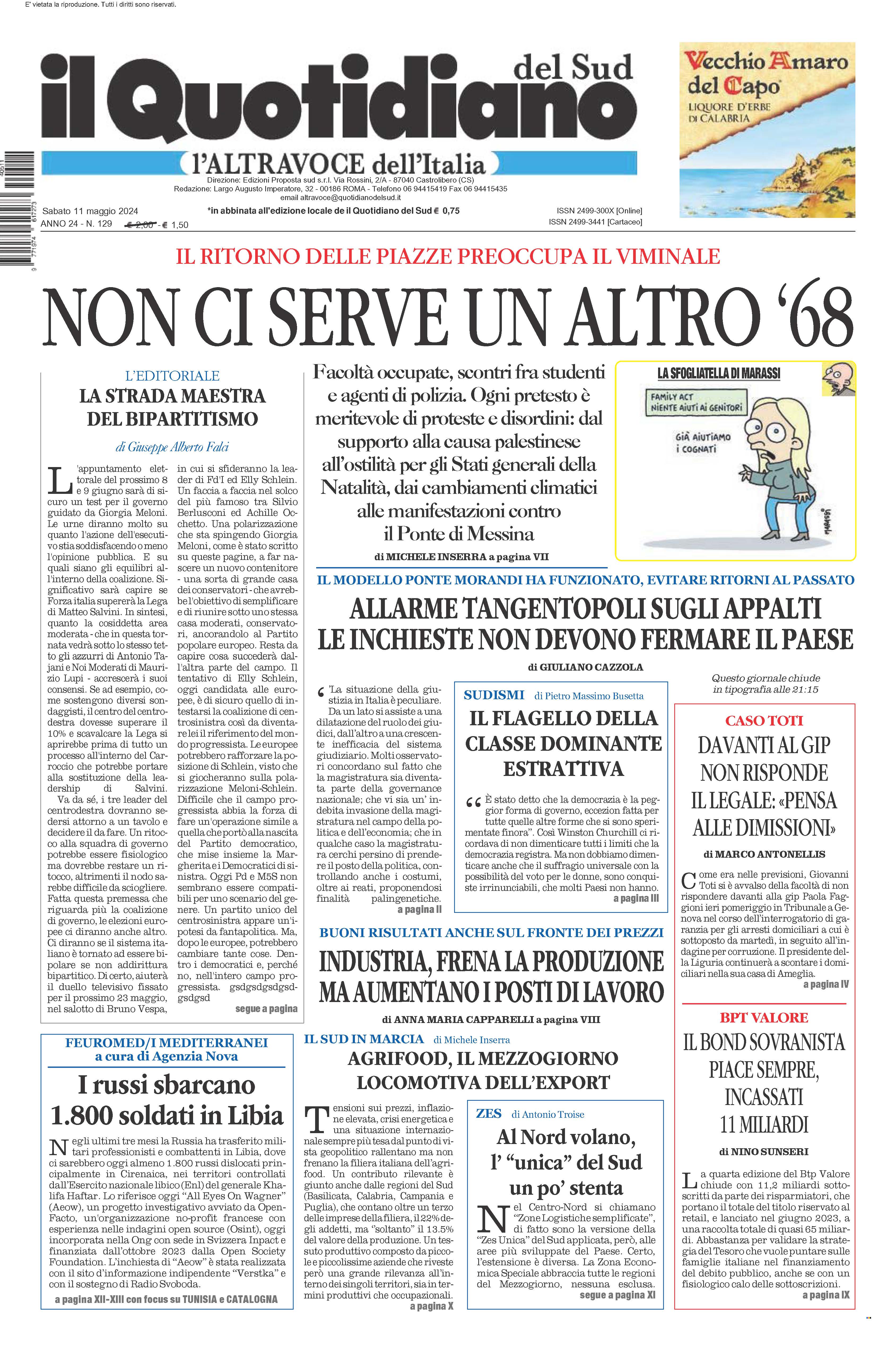 La prima pagina de l’ALTRAVOCE dell’ITALIA in edicola oggi