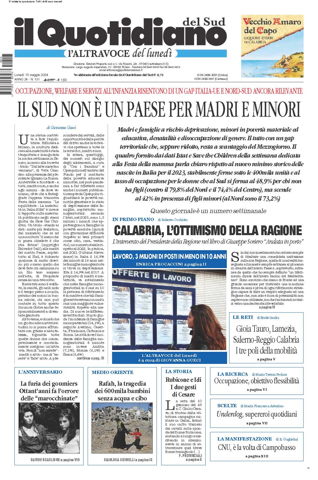 La prima pagina de l’ALTRAVOCE dell’ITALIA in edicola oggi