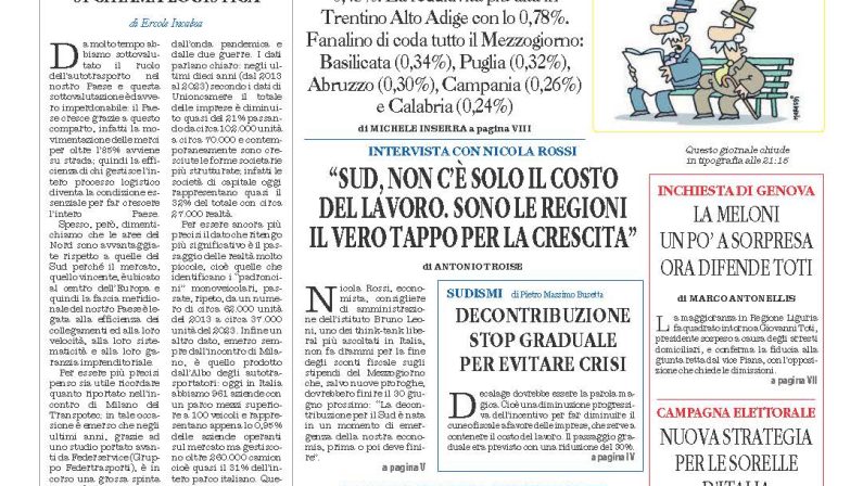 La prima pagina de l’ALTRAVOCE dell’ITALIA in edicola oggi