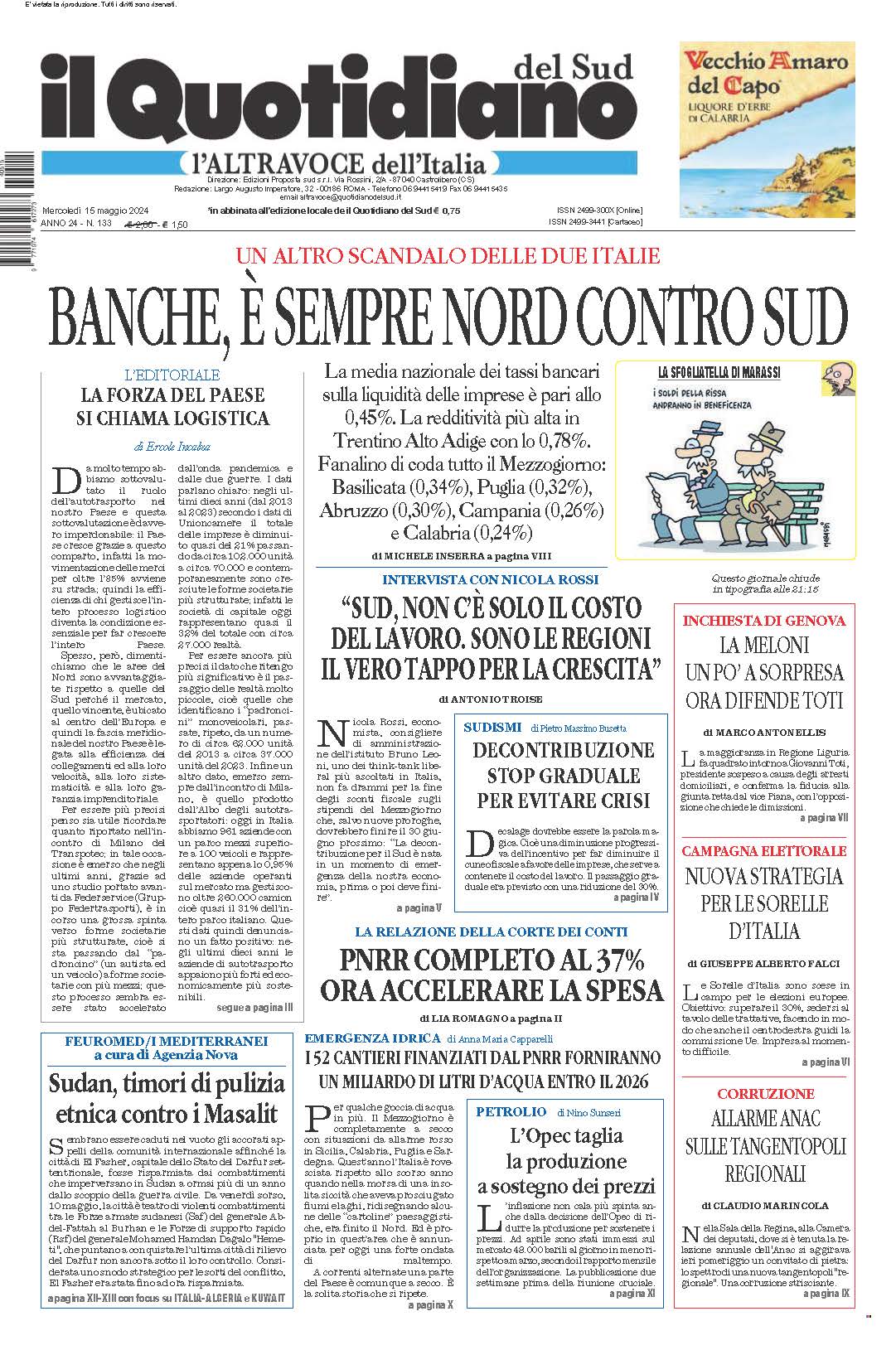 La prima pagina de l’ALTRAVOCE dell’ITALIA in edicola oggi