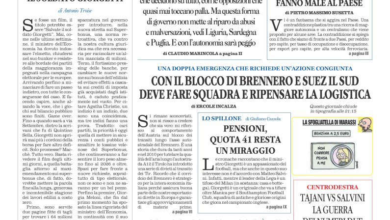 La prima pagina de l’ALTRAVOCE dell’ITALIA in edicola oggi