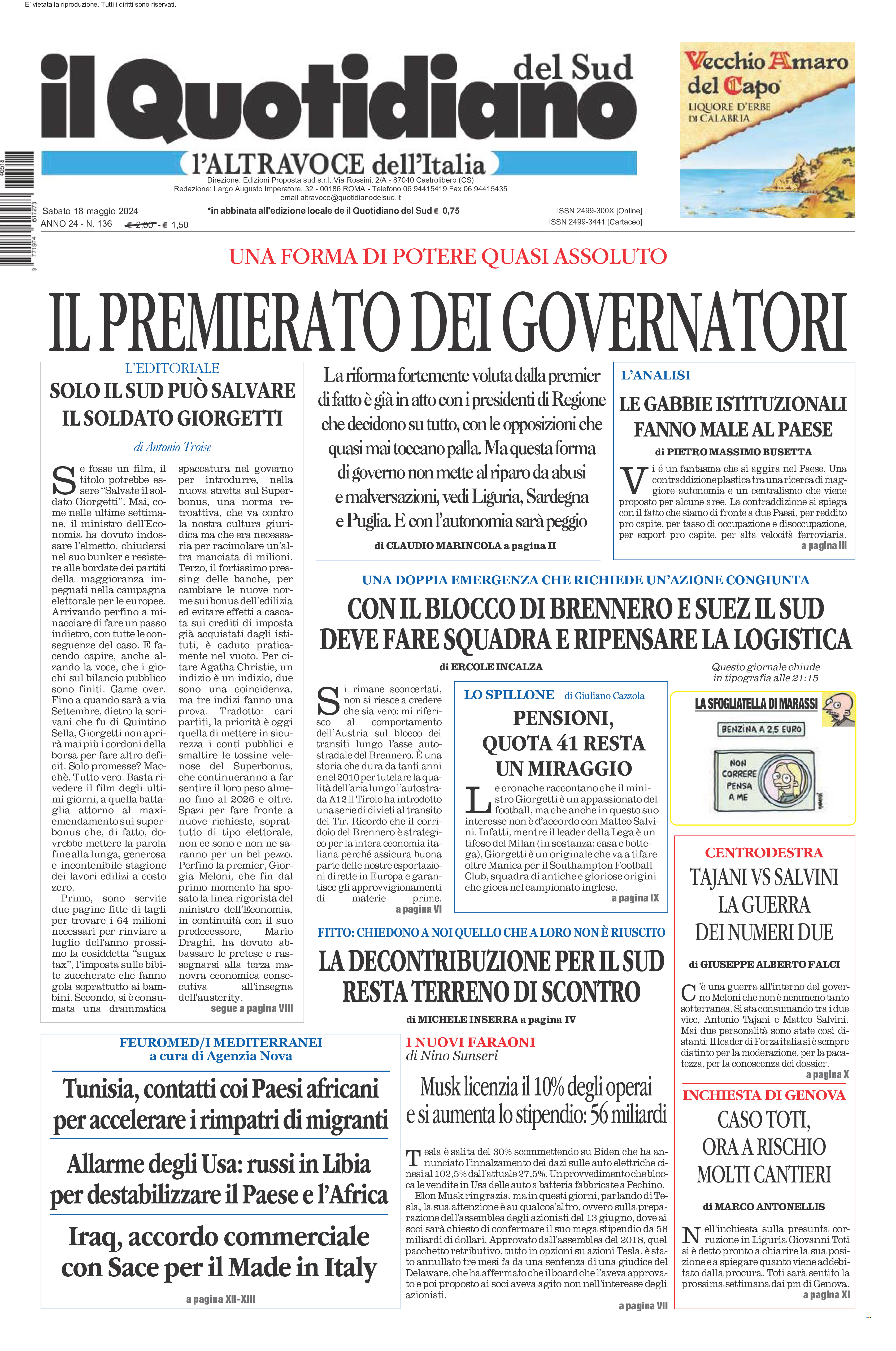 La prima pagina de l’ALTRAVOCE dell’ITALIA in edicola oggi