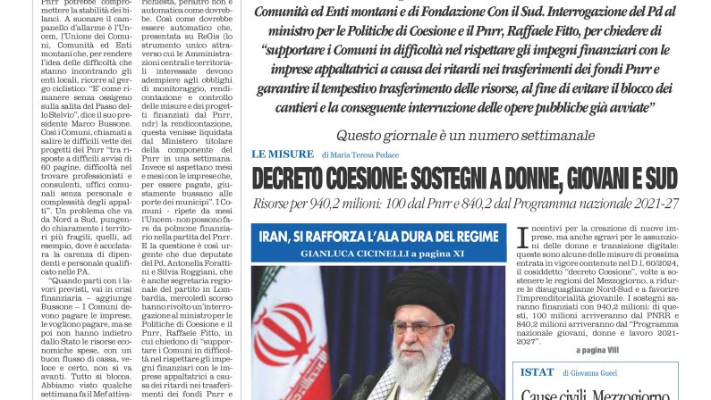 La prima pagina de l’ALTRAVOCE dell’ITALIA in edicola oggi