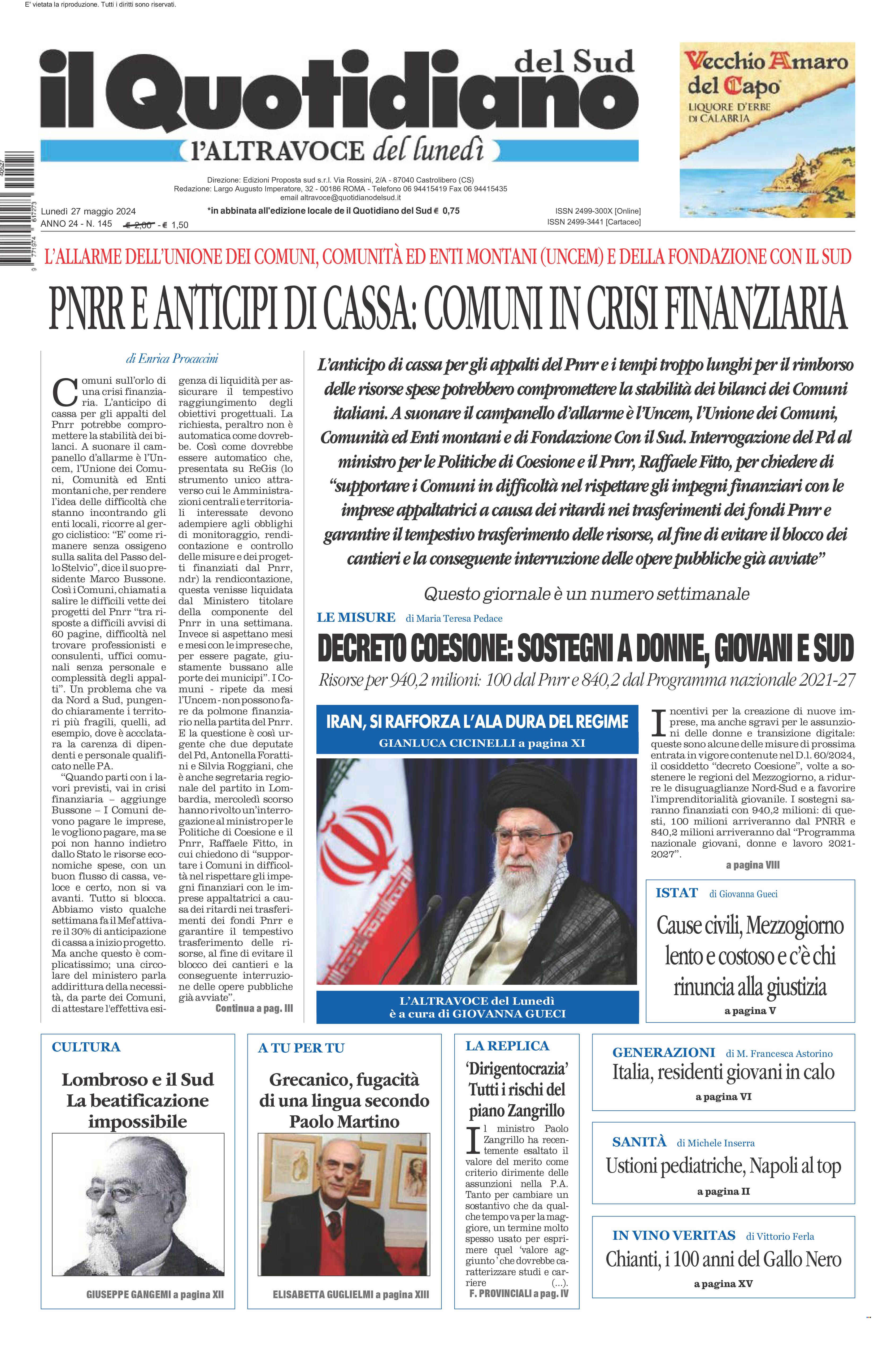 La prima pagina de l’ALTRAVOCE dell’ITALIA in edicola oggi