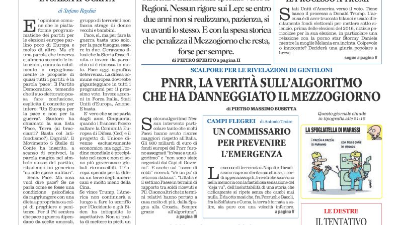 La prima pagina de l’ALTRAVOCE dell’ITALIA in edicola oggi