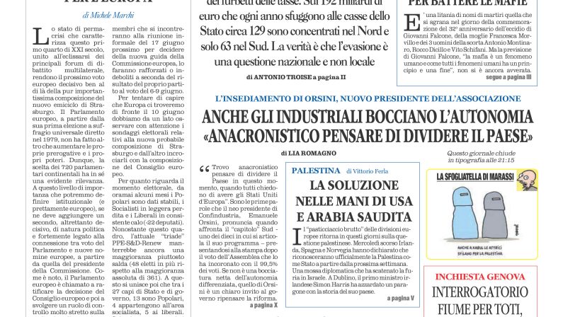 La prima pagina de l’ALTRAVOCE dell’ITALIA in edicola oggi