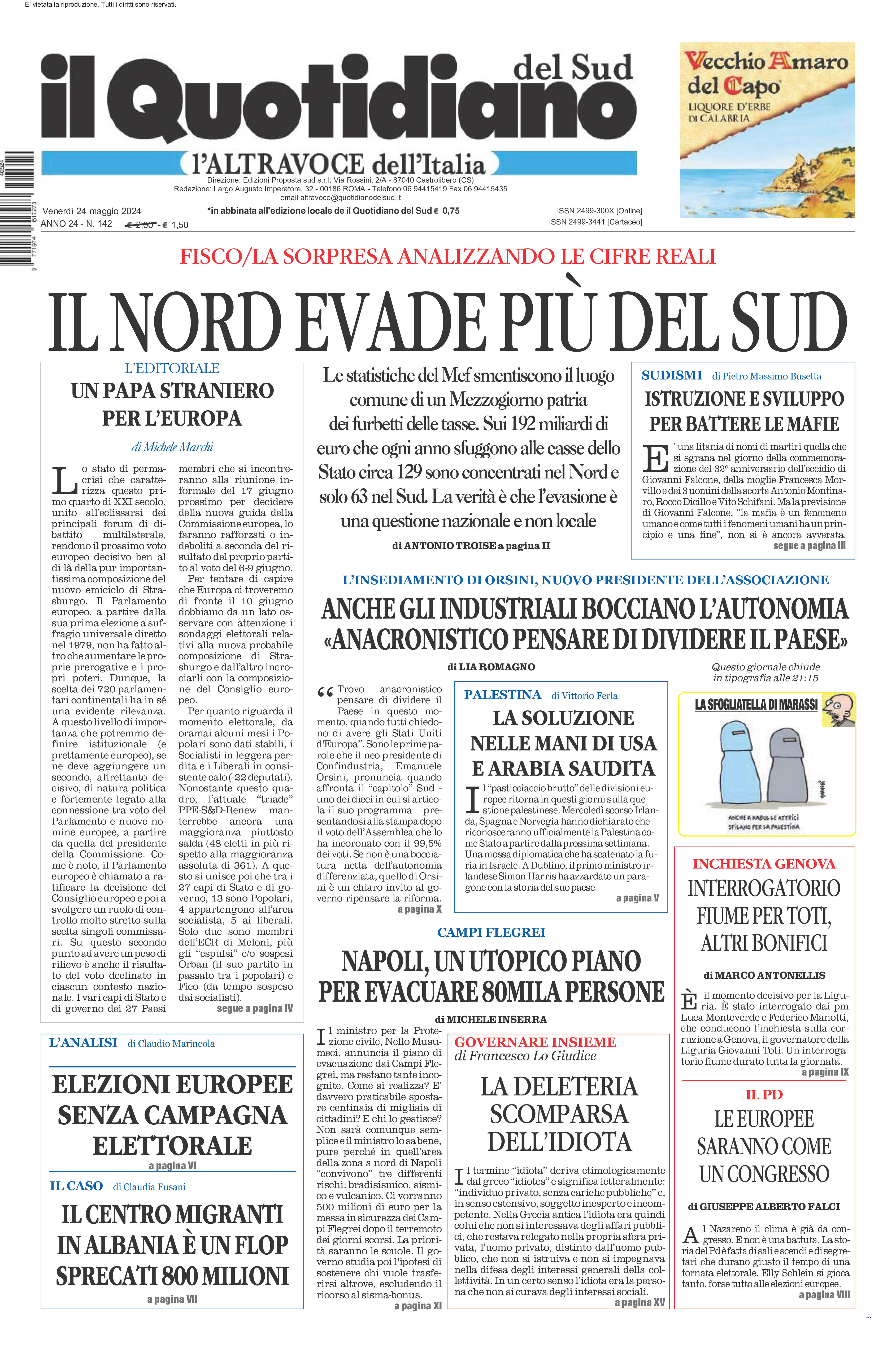 La prima pagina de l’ALTRAVOCE dell’ITALIA in edicola oggi