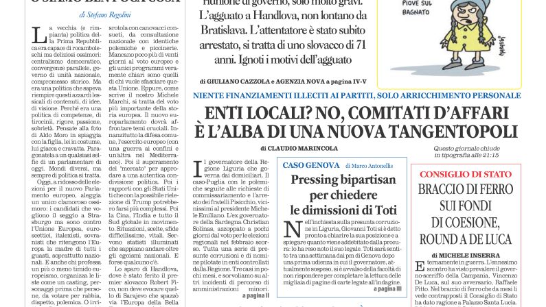 La prima pagina de l’ALTRAVOCE dell’ITALIA in edicola oggi