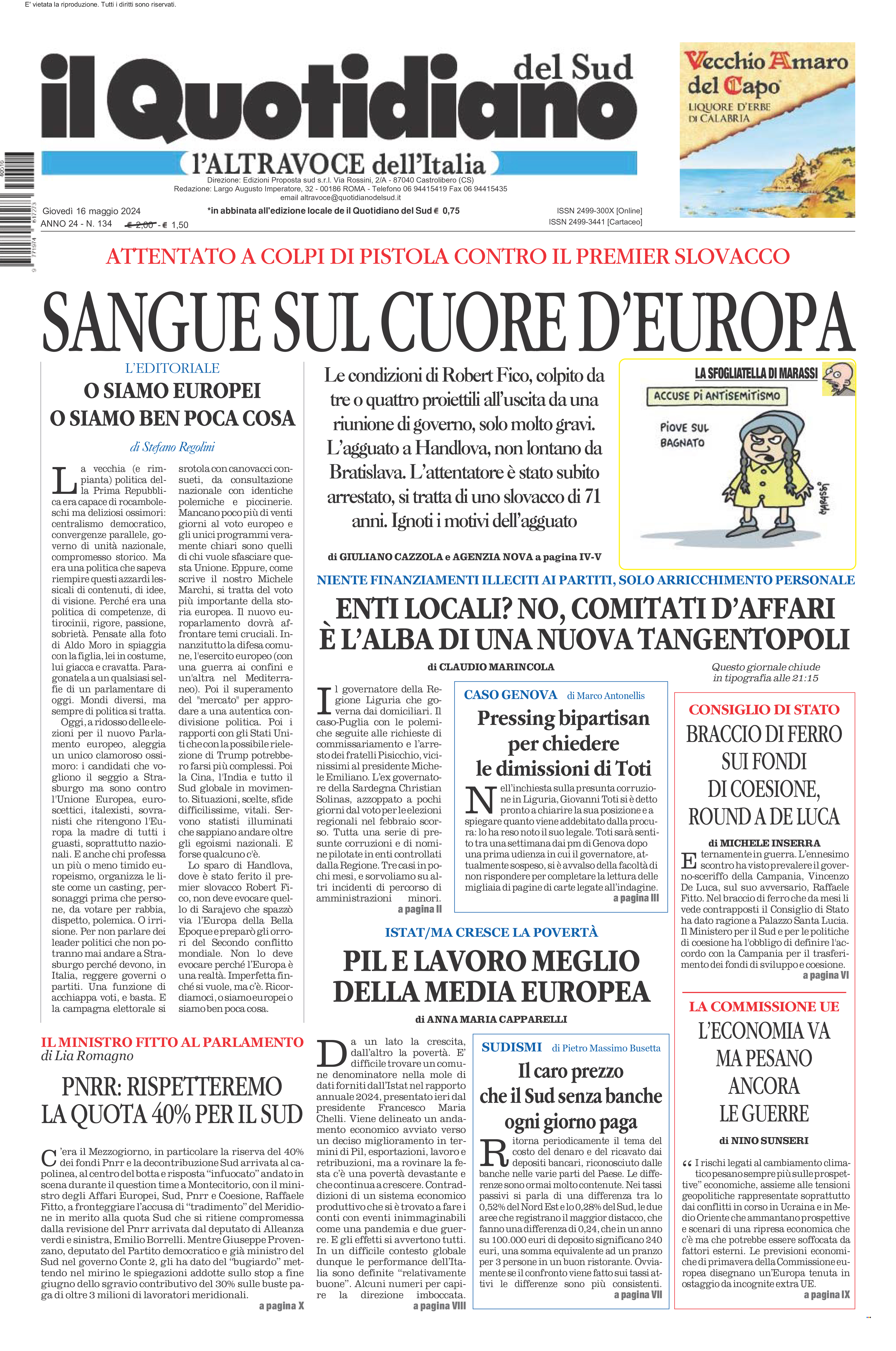 La prima pagina de l’ALTRAVOCE dell’ITALIA in edicola oggi