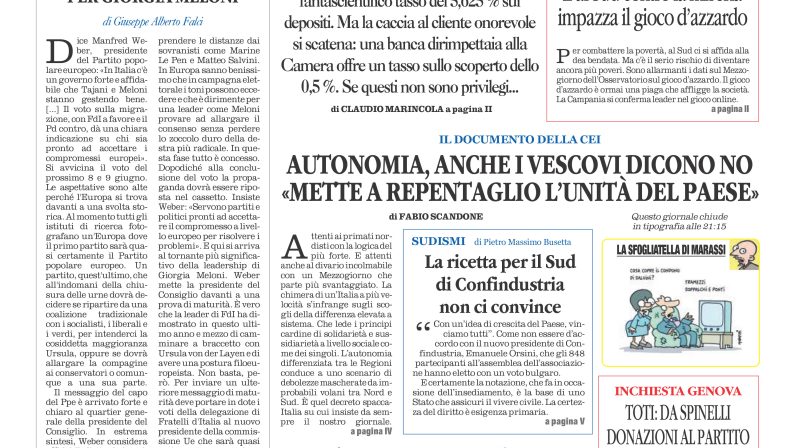 La prima pagina de l’ALTRAVOCE dell’ITALIA in edicola oggi