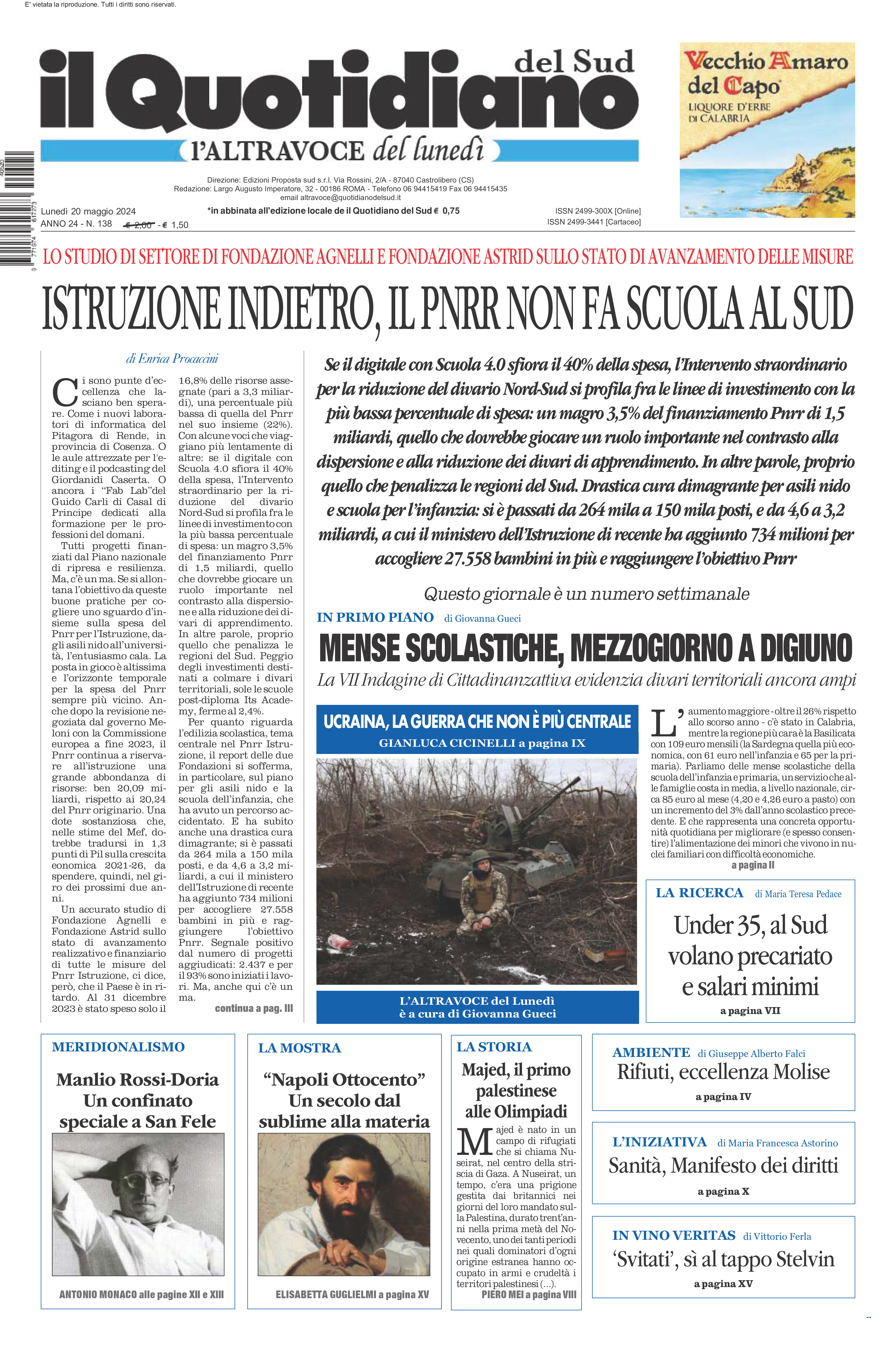 La prima pagina de l’ALTRAVOCE dell’ITALIA in edicola oggi