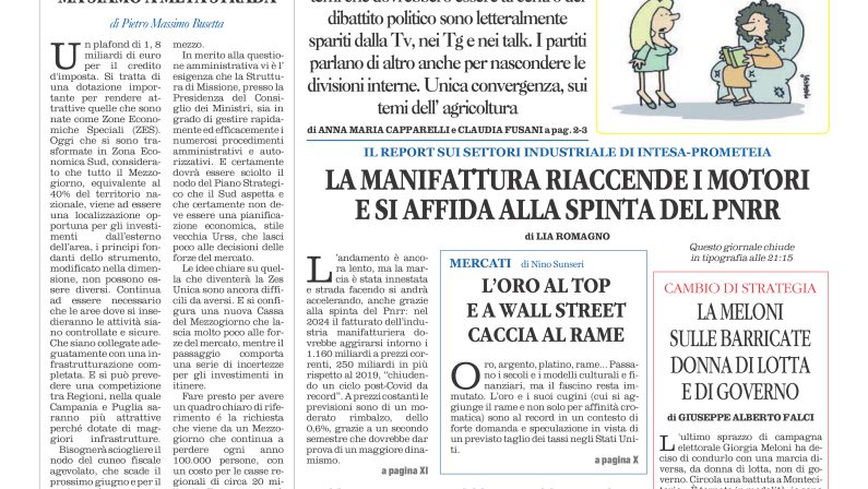 La prima pagina de l’ALTRAVOCE dell’ITALIA in edicola oggi