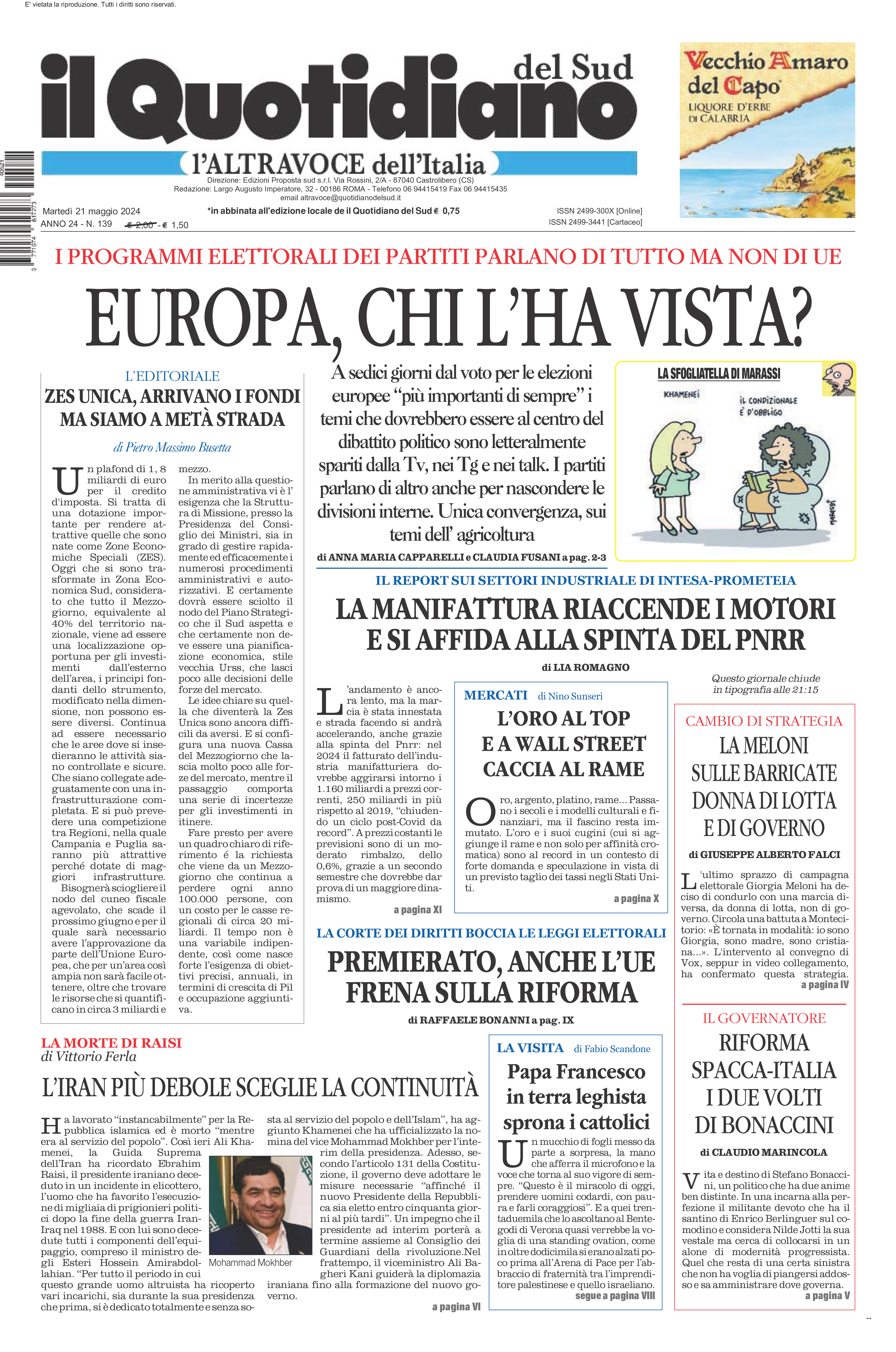 La prima pagina de l’ALTRAVOCE dell’ITALIA in edicola oggi