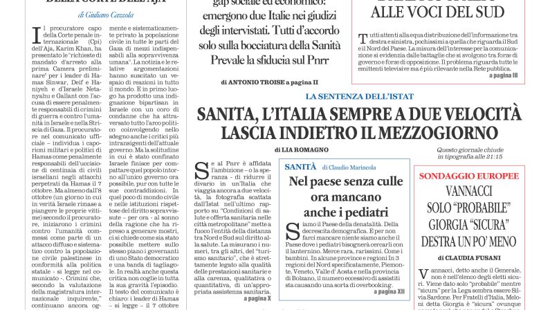 La prima pagina de l’ALTRAVOCE dell’ITALIA in edicola oggi