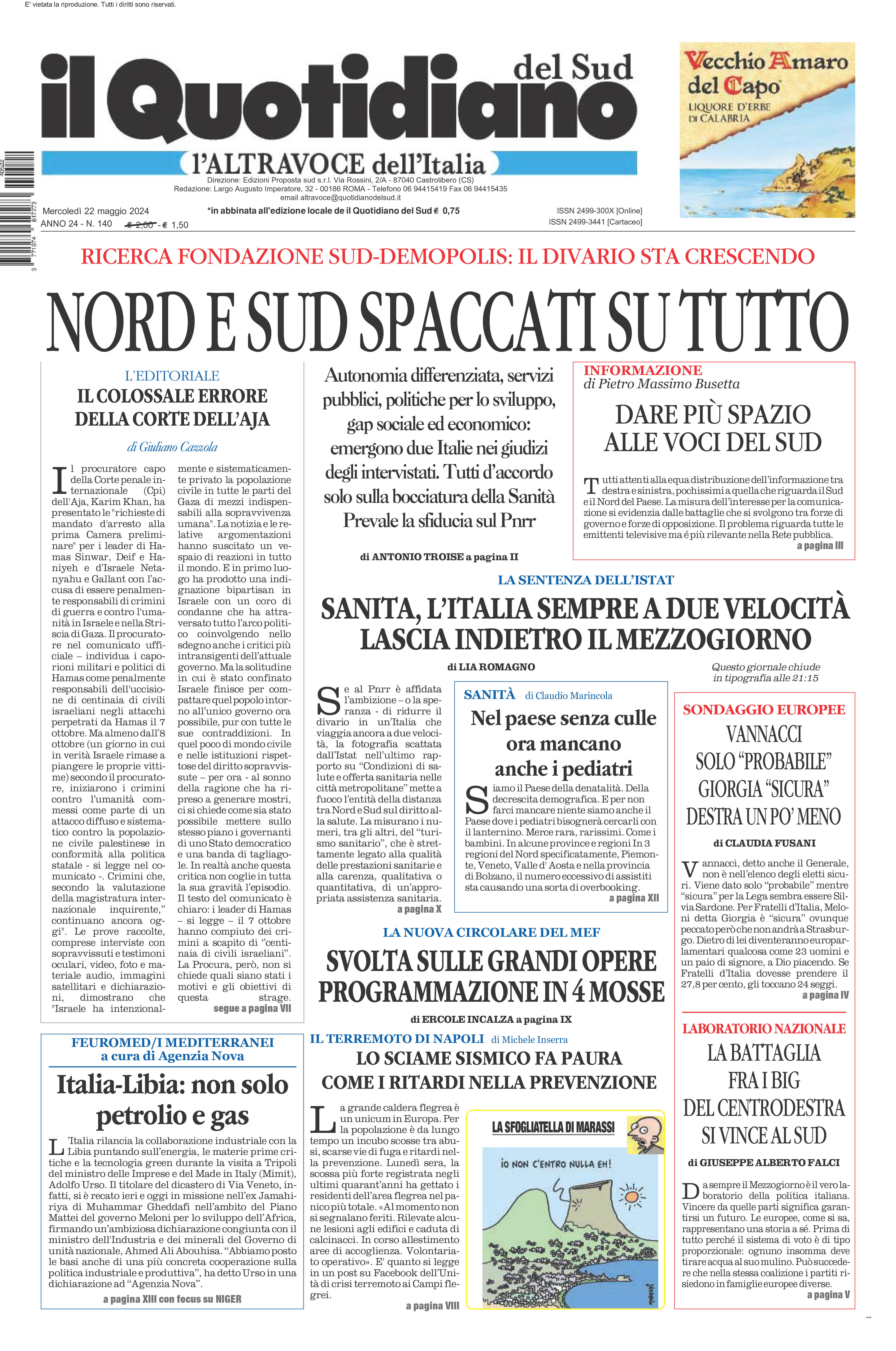 La prima pagina de l’ALTRAVOCE dell’ITALIA in edicola oggi