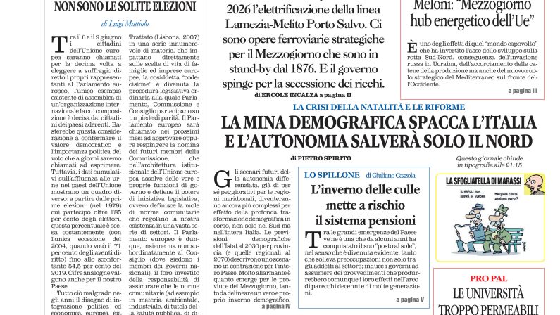 La prima pagina de l’ALTRAVOCE dell’ITALIA in edicola oggi