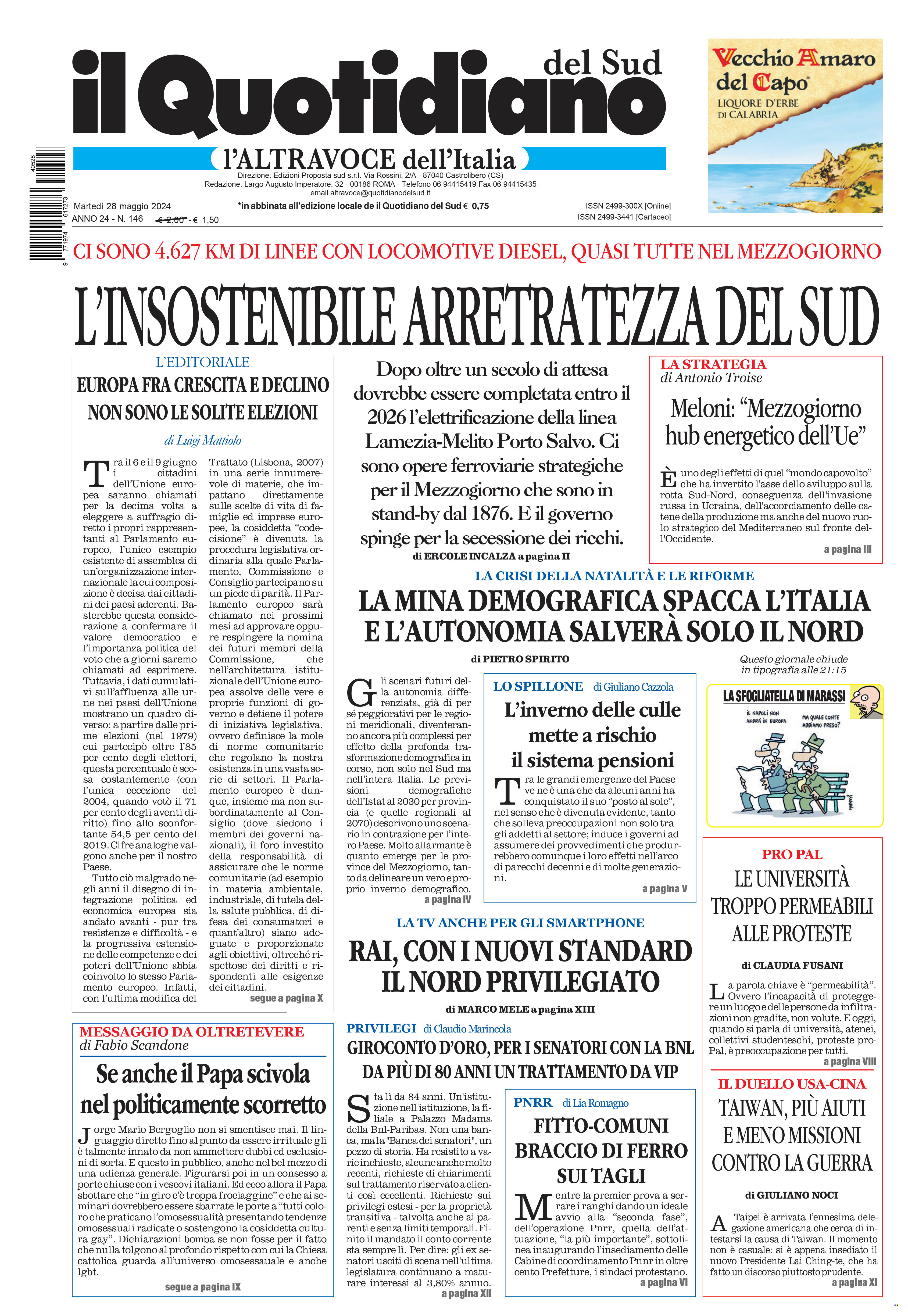 La prima pagina de l’ALTRAVOCE dell’ITALIA in edicola oggi