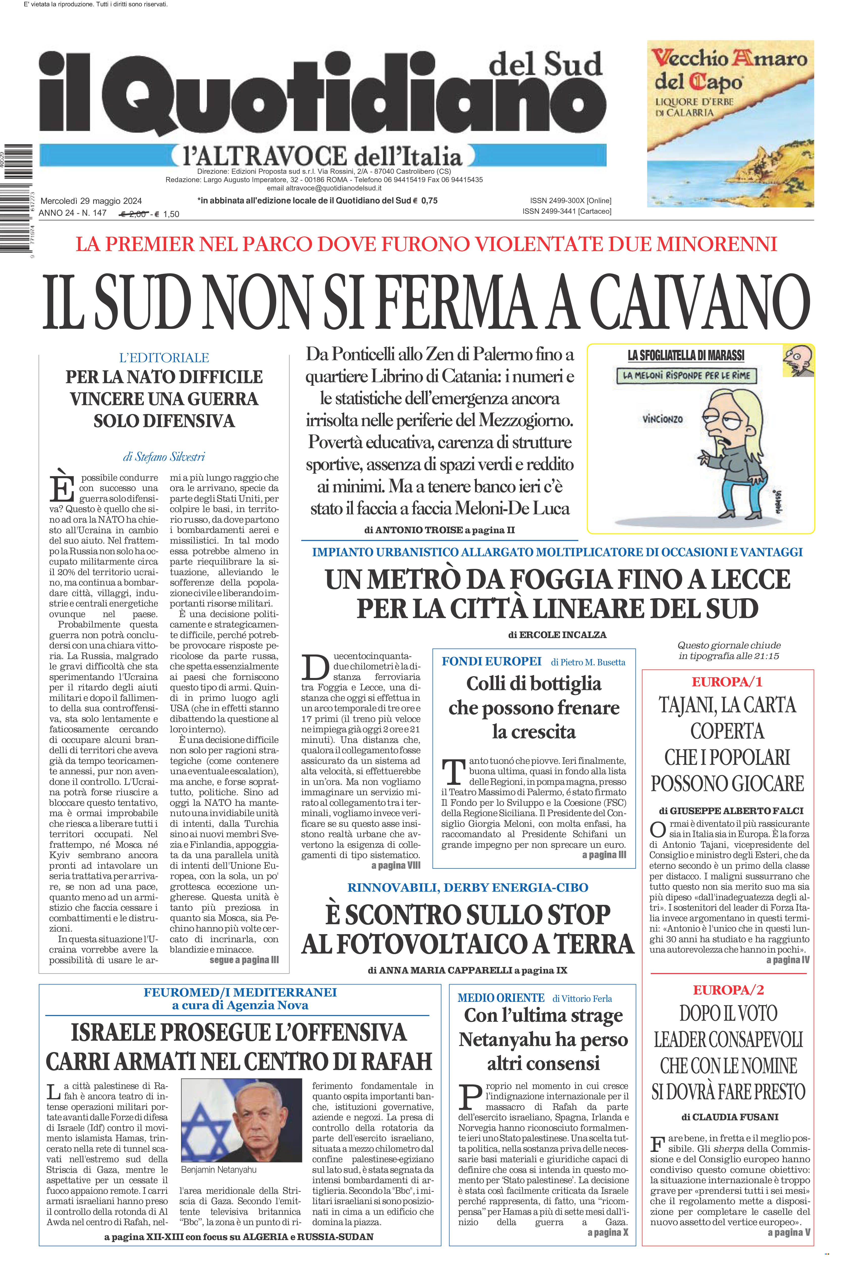 La prima pagina de l’ALTRAVOCE dell’ITALIA in edicola oggi