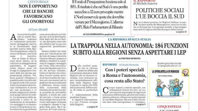 La prima pagina de l’ALTRAVOCE dell’ITALIA in edicola oggi