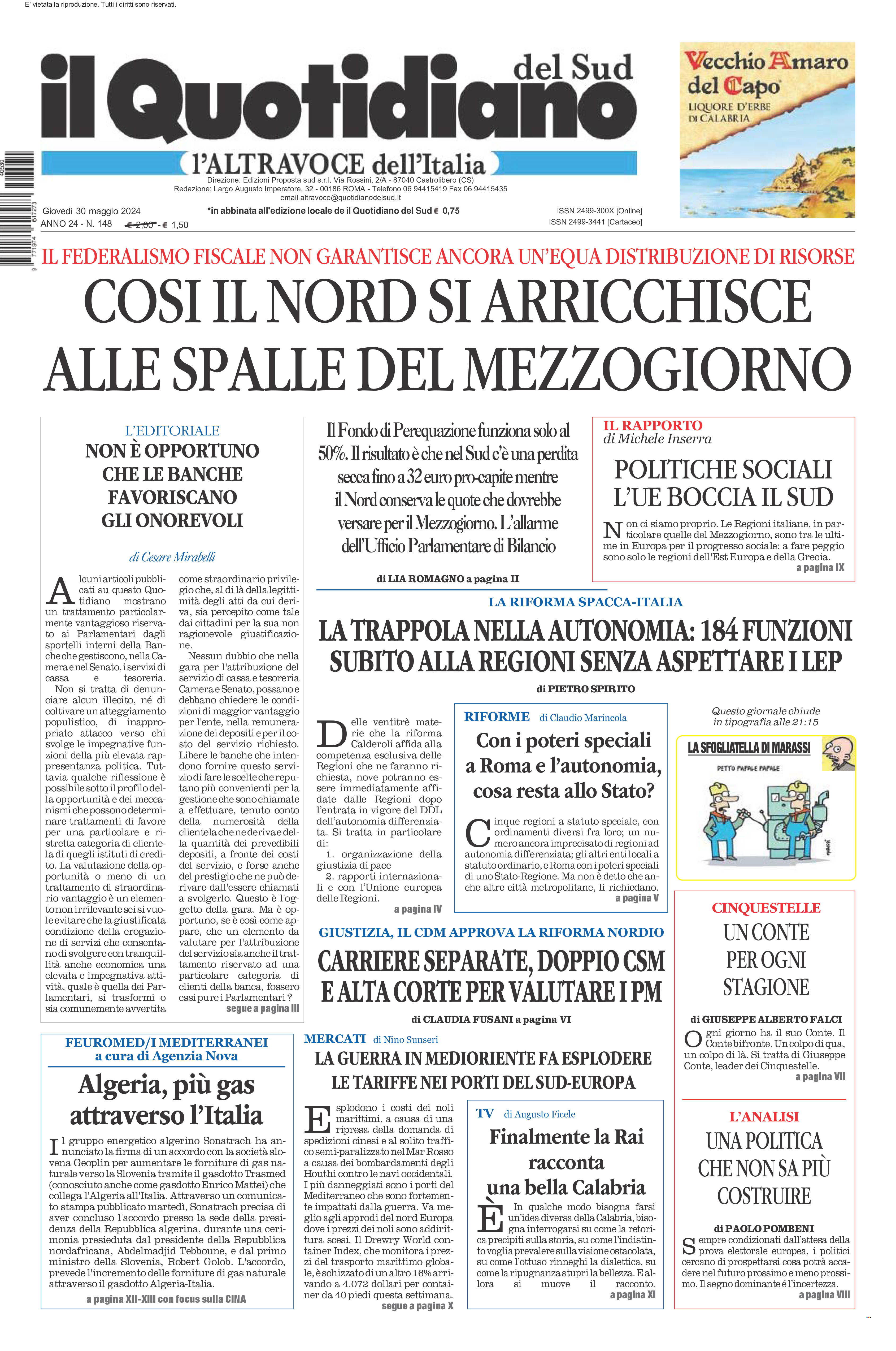 La prima pagina de l’ALTRAVOCE dell’ITALIA in edicola oggi