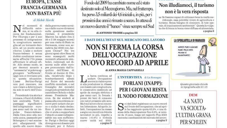 La prima pagina de l’ALTRAVOCE dell’ITALIA in edicola oggi