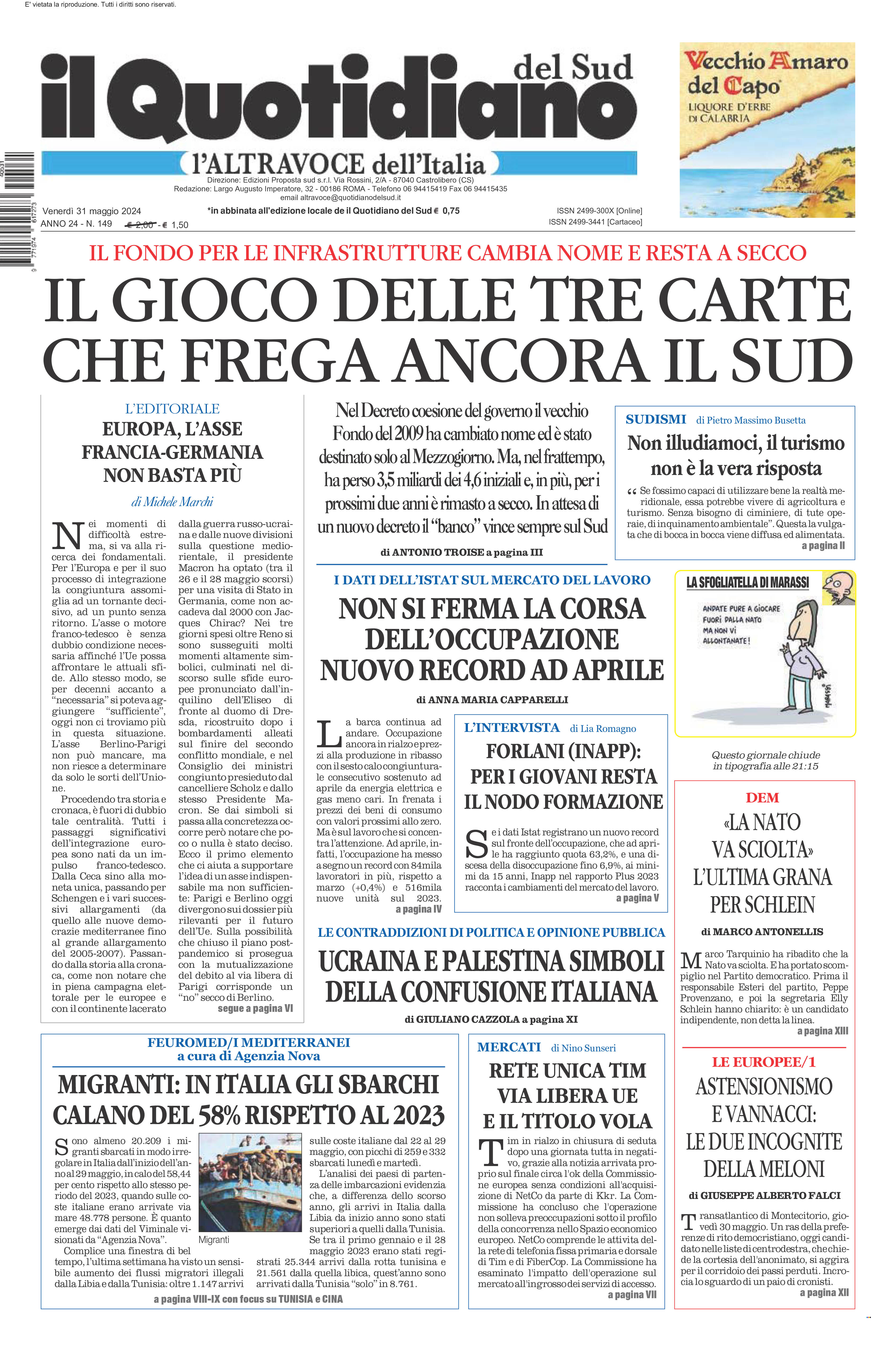 La prima pagina de l’ALTRAVOCE dell’ITALIA in edicola oggi