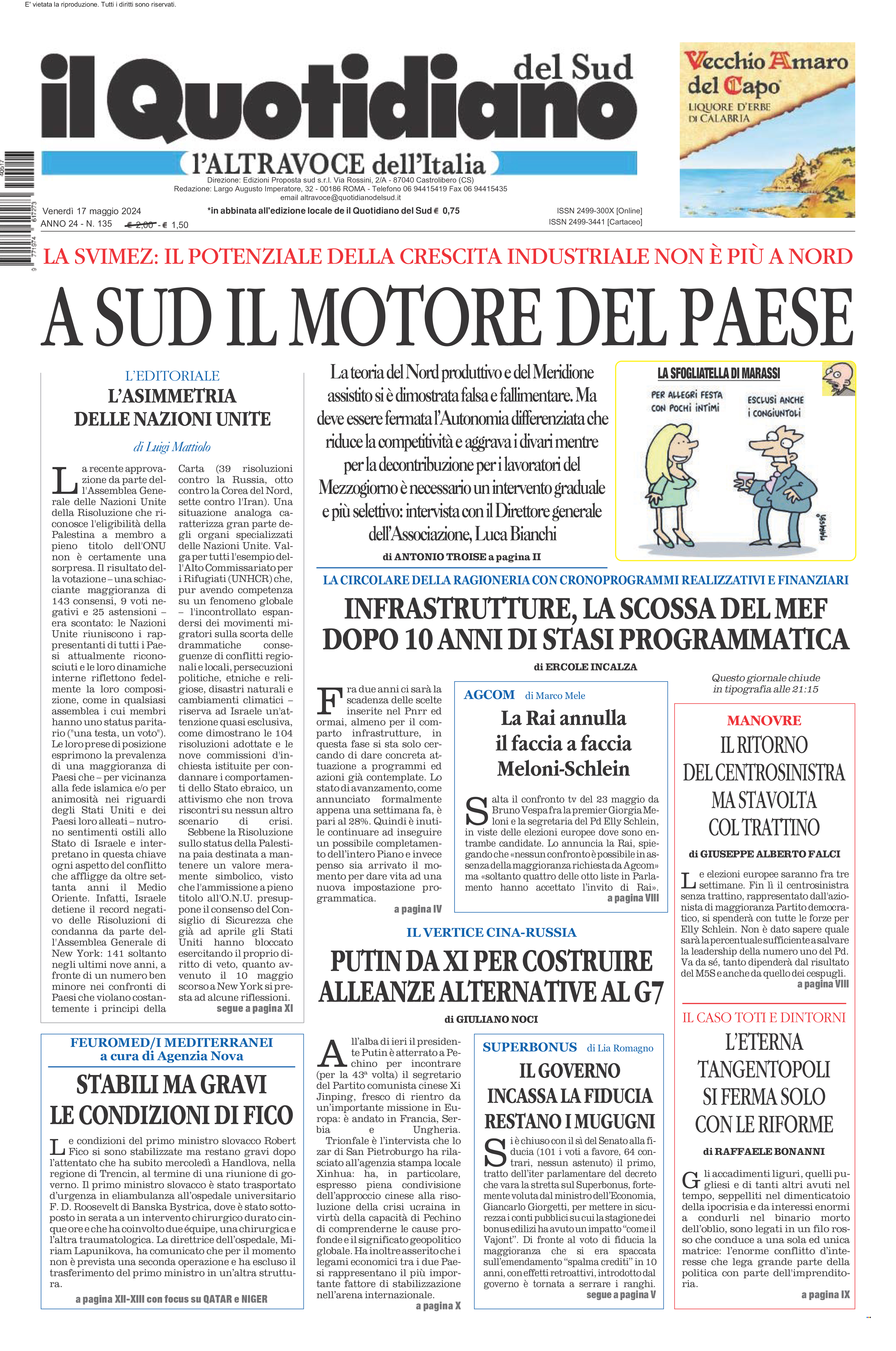 La prima pagina de l’ALTRAVOCE dell’ITALIA in edicola oggi