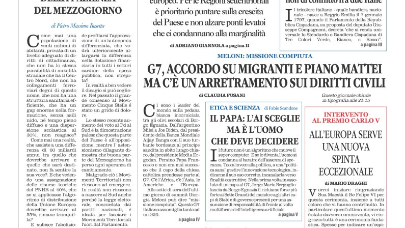 La prima pagina de l’ALTRAVOCE dell’ITALIA in edicola oggi