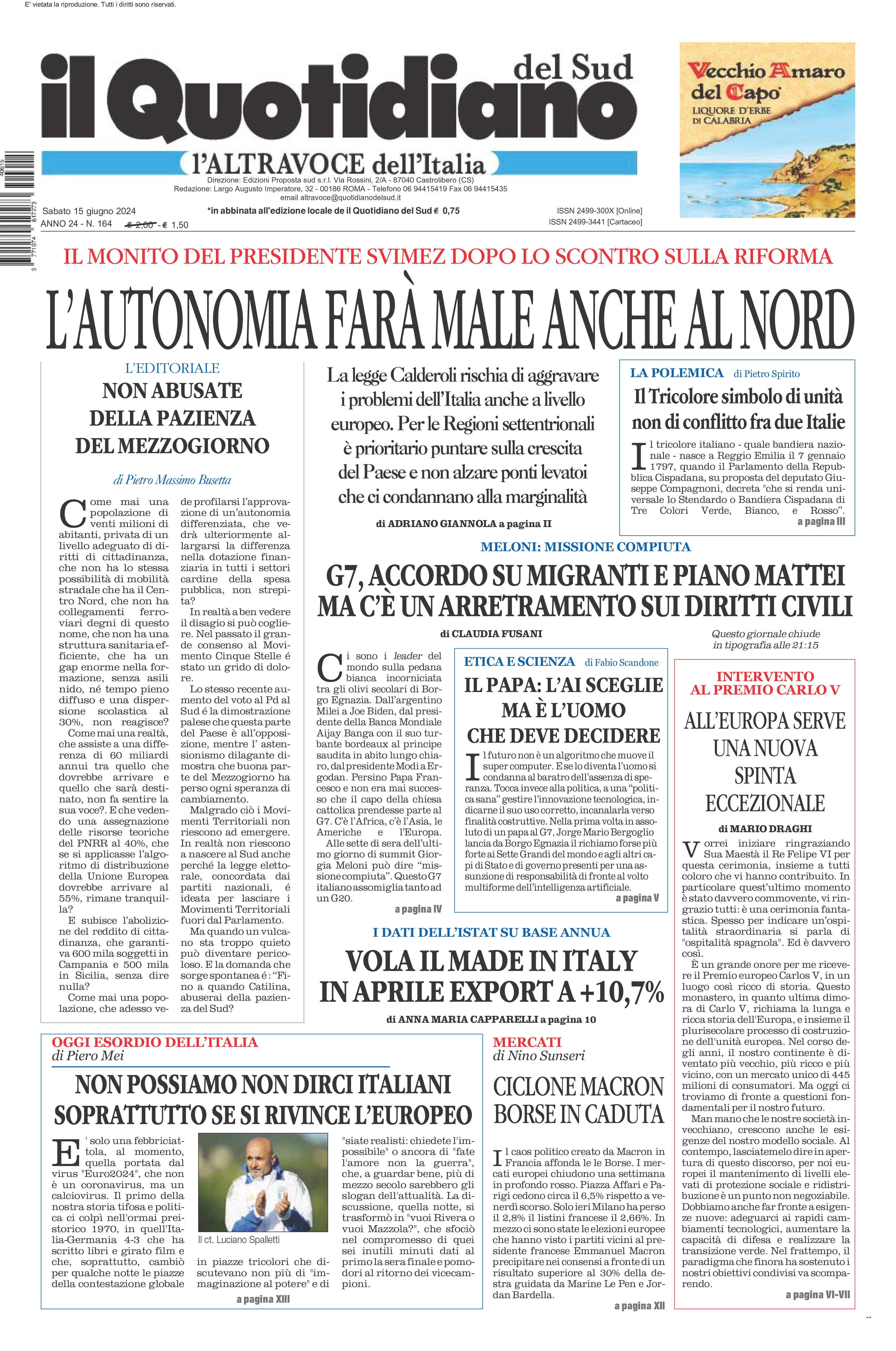 La prima pagina de l’ALTRAVOCE dell’ITALIA in edicola oggi