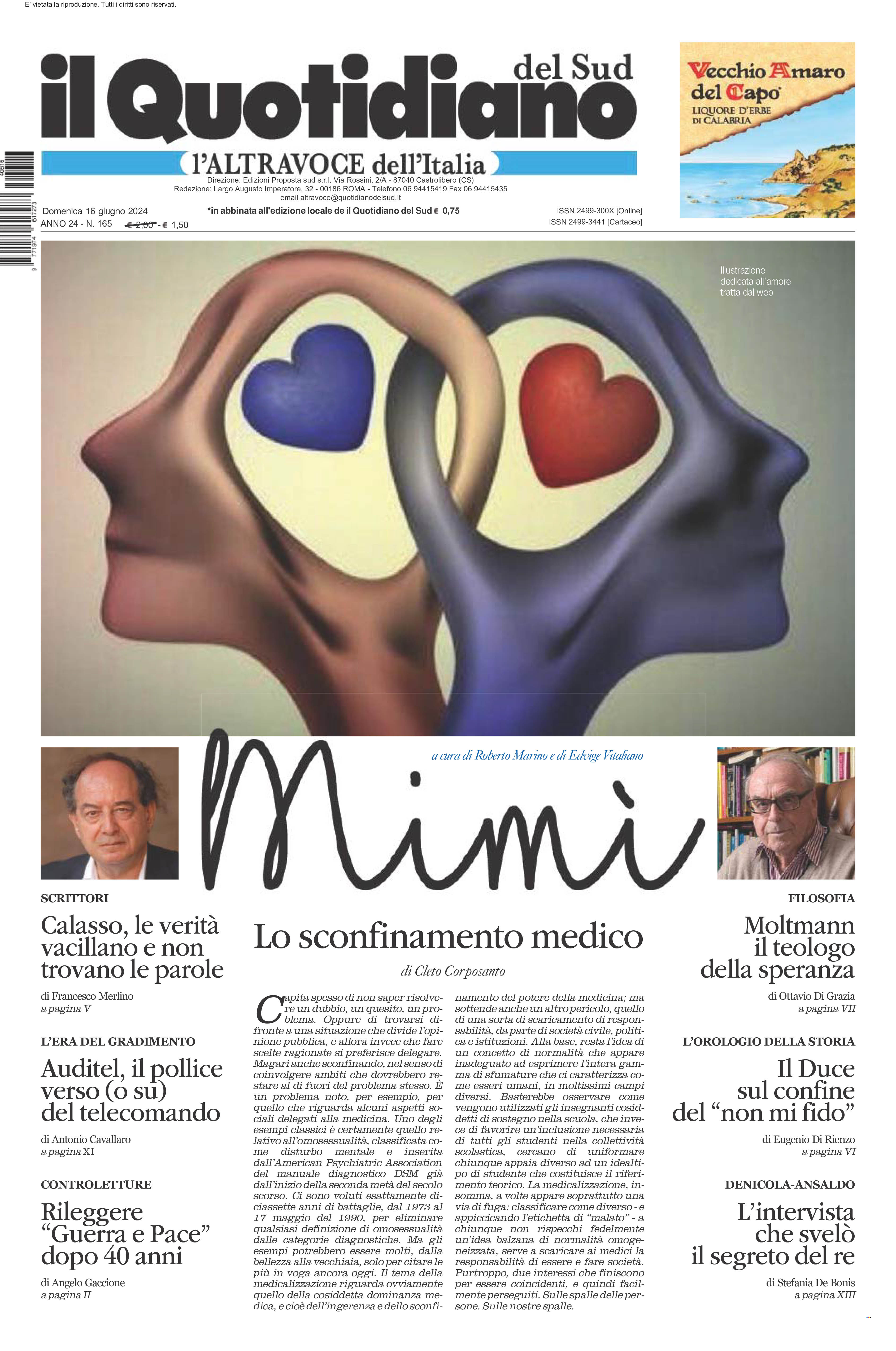 La prima pagina de l’ALTRAVOCE dell’ITALIA in edicola oggi