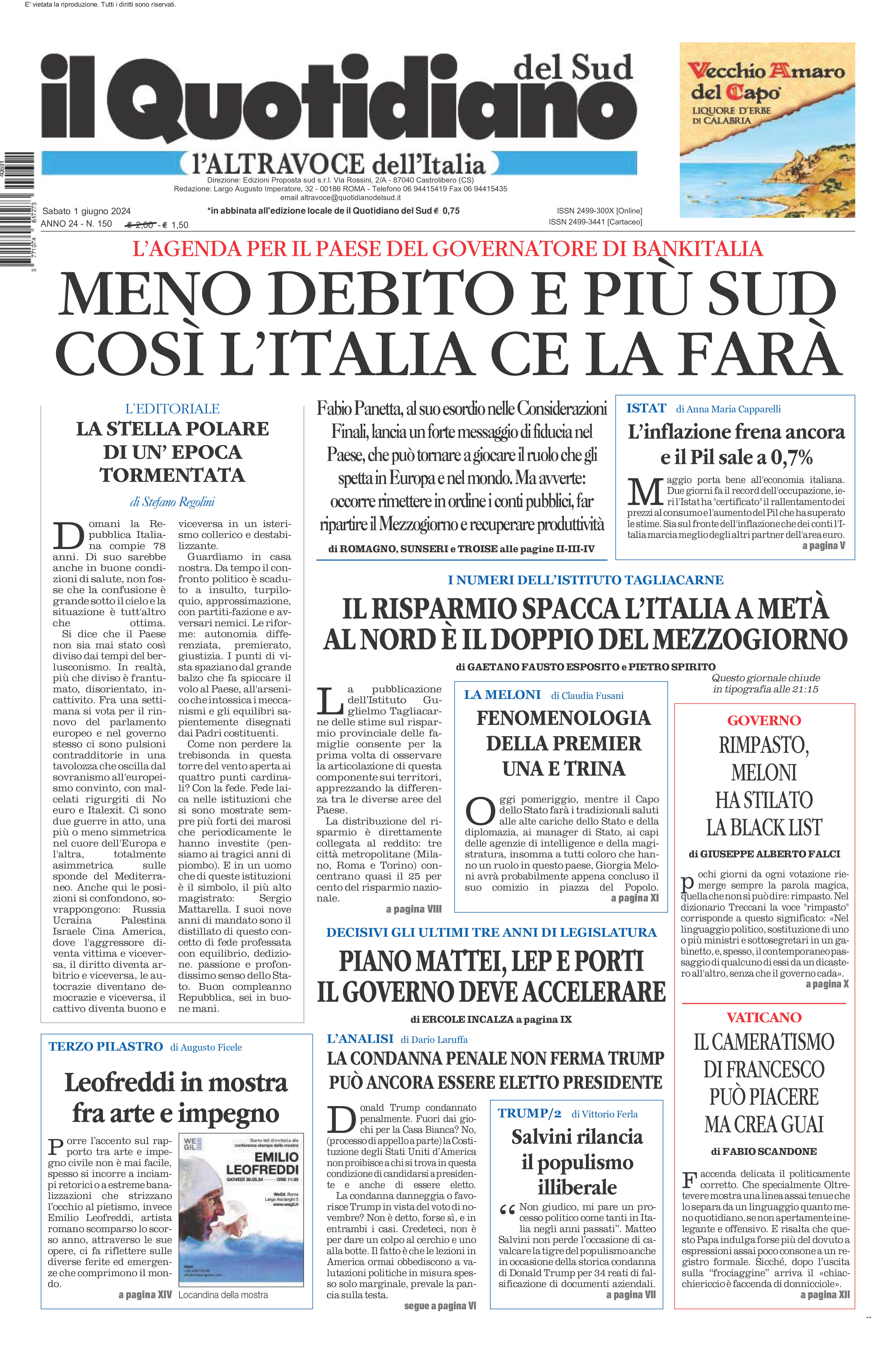 La prima pagina de l’ALTRAVOCE dell’ITALIA in edicola oggi