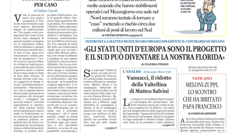 La prima pagina de l’ALTRAVOCE dell’ITALIA in edicola oggi