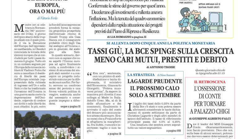 La prima pagina de l’ALTRAVOCE dell’ITALIA in edicola oggi