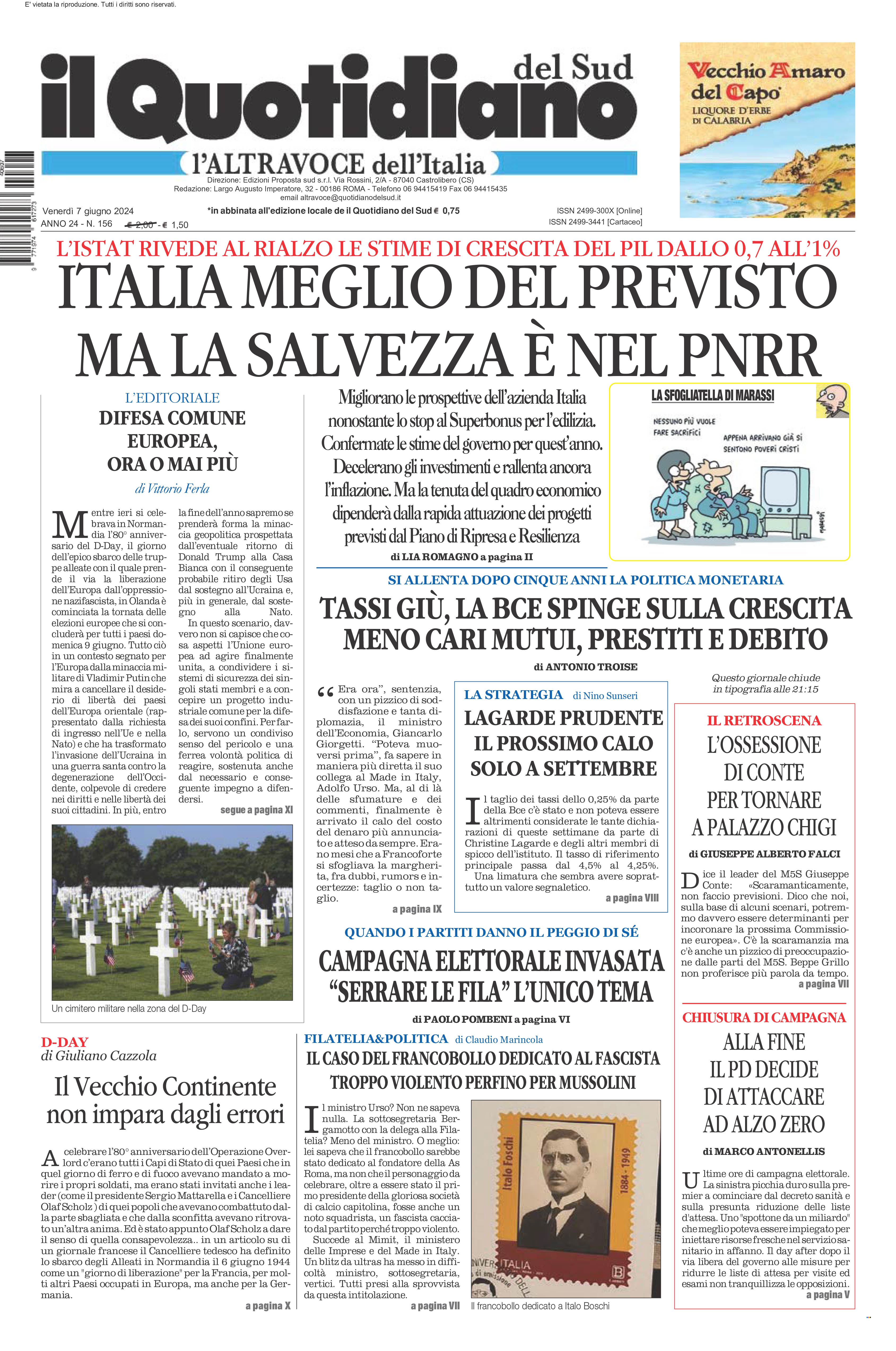 La prima pagina de l’ALTRAVOCE dell’ITALIA in edicola oggi