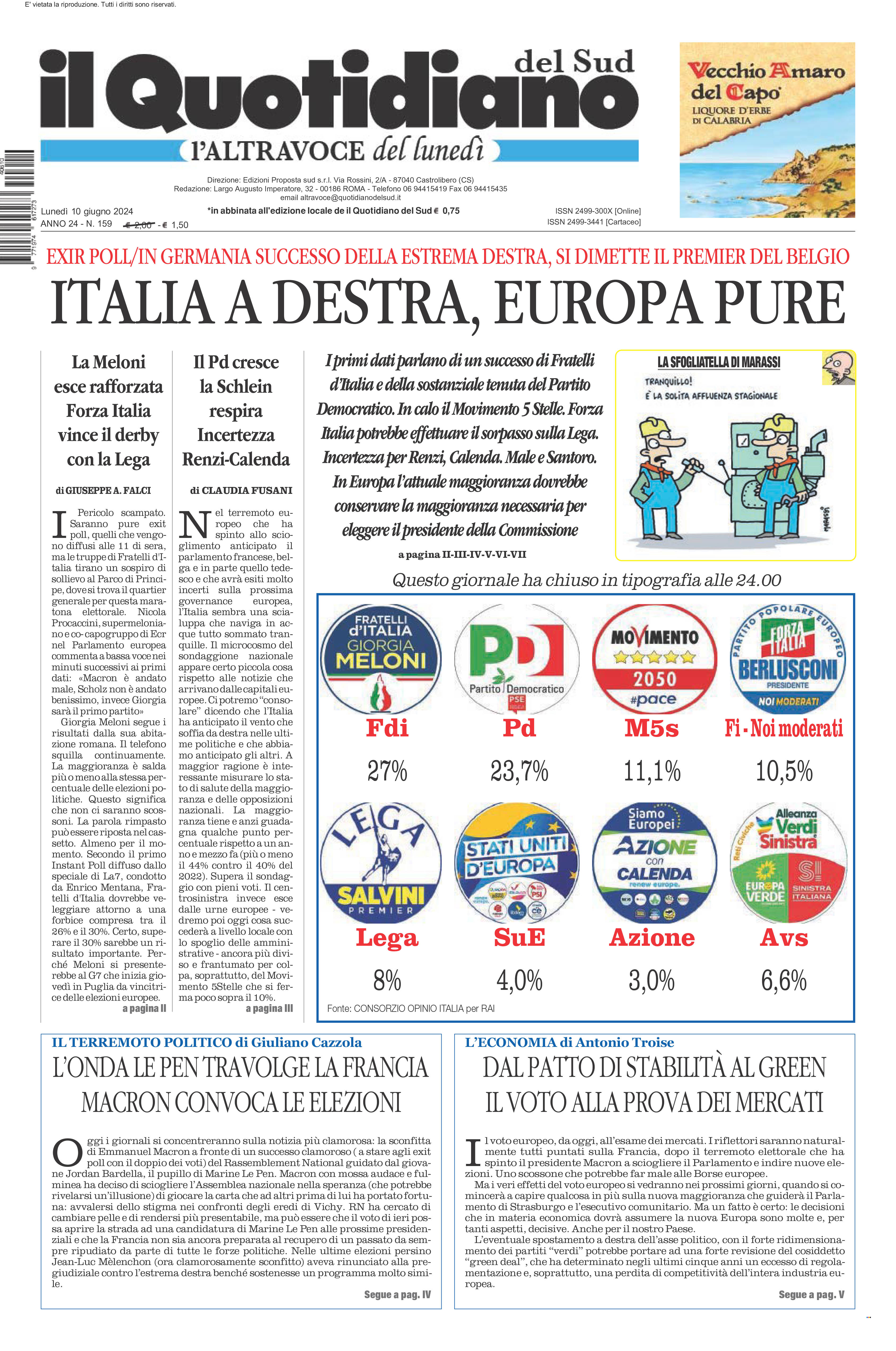 La prima pagina de l’ALTRAVOCE dell’ITALIA in edicola oggi