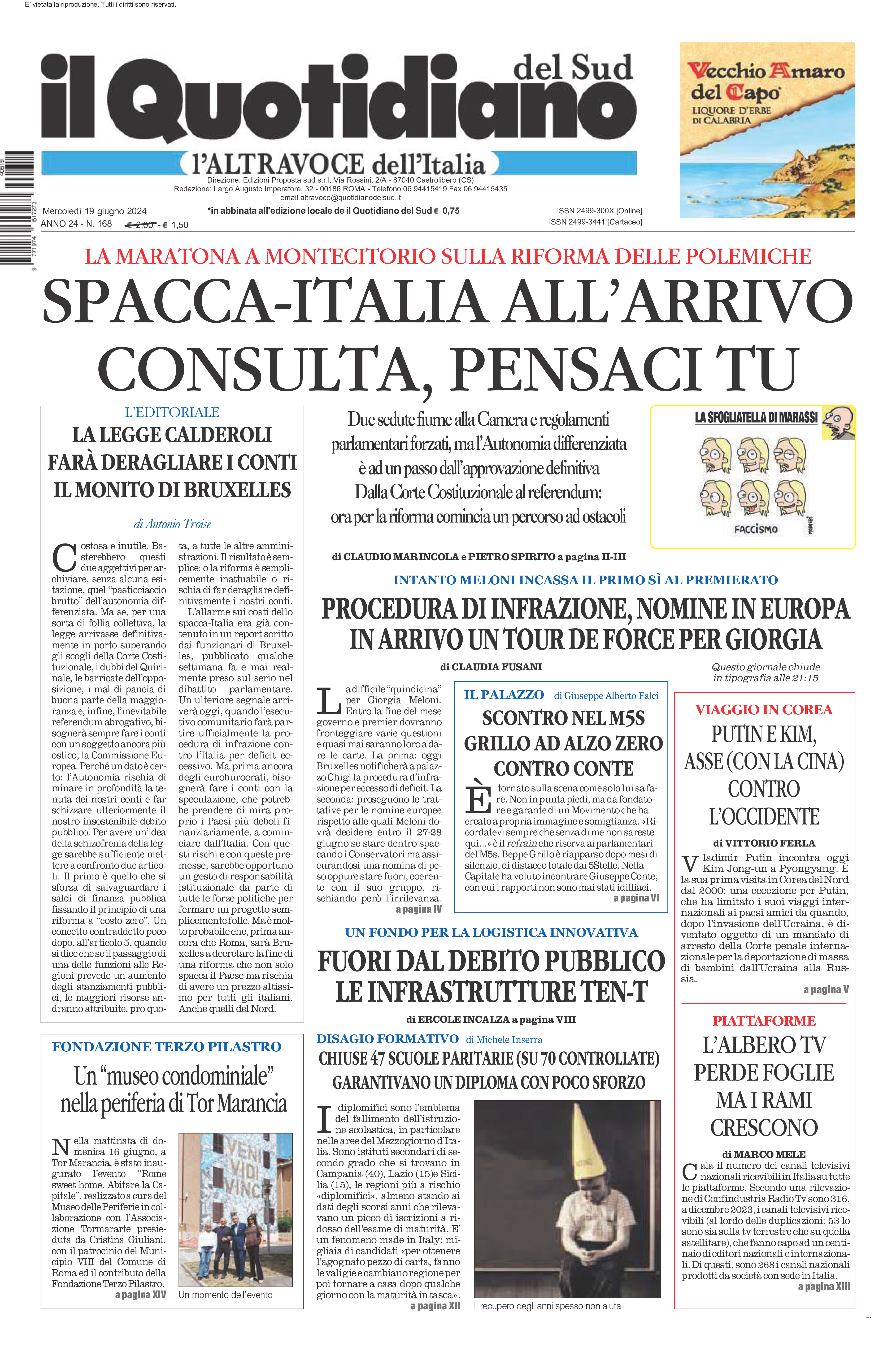 La prima pagina de l’ALTRAVOCE dell’ITALIA in edicola oggi