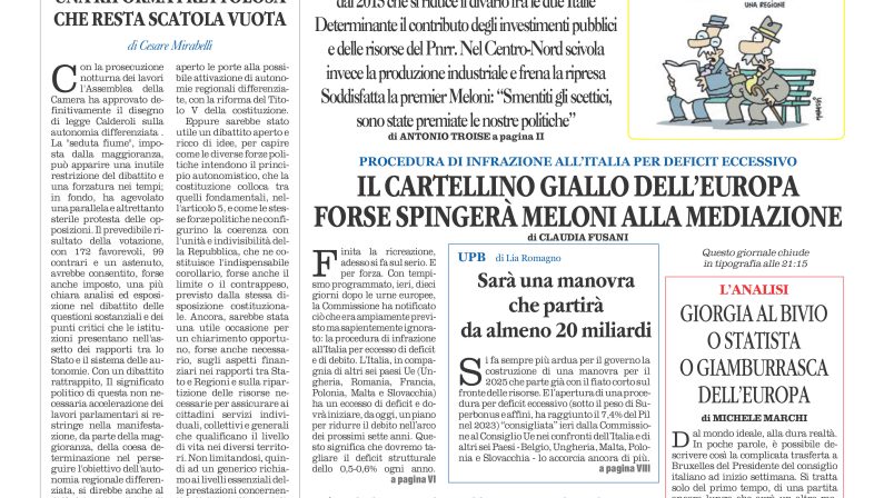 La prima pagina de l’ALTRAVOCE dell’ITALIA in edicola oggi