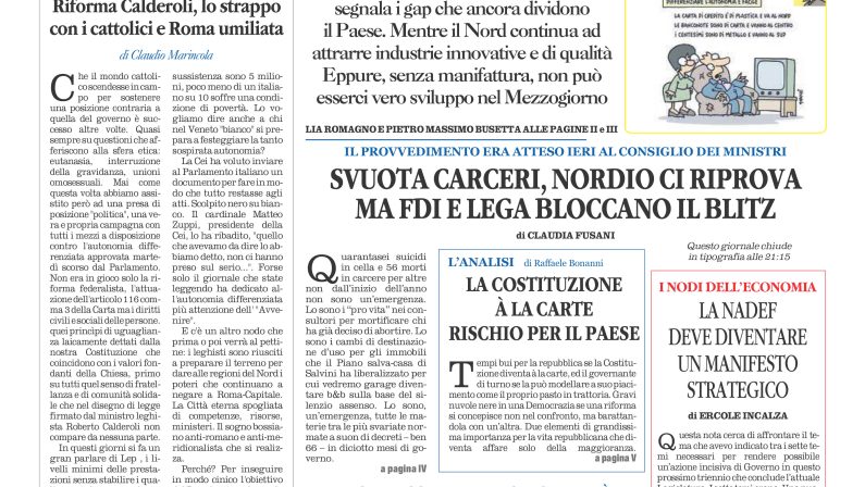 La prima pagina de l’ALTRAVOCE dell’ITALIA in edicola oggi