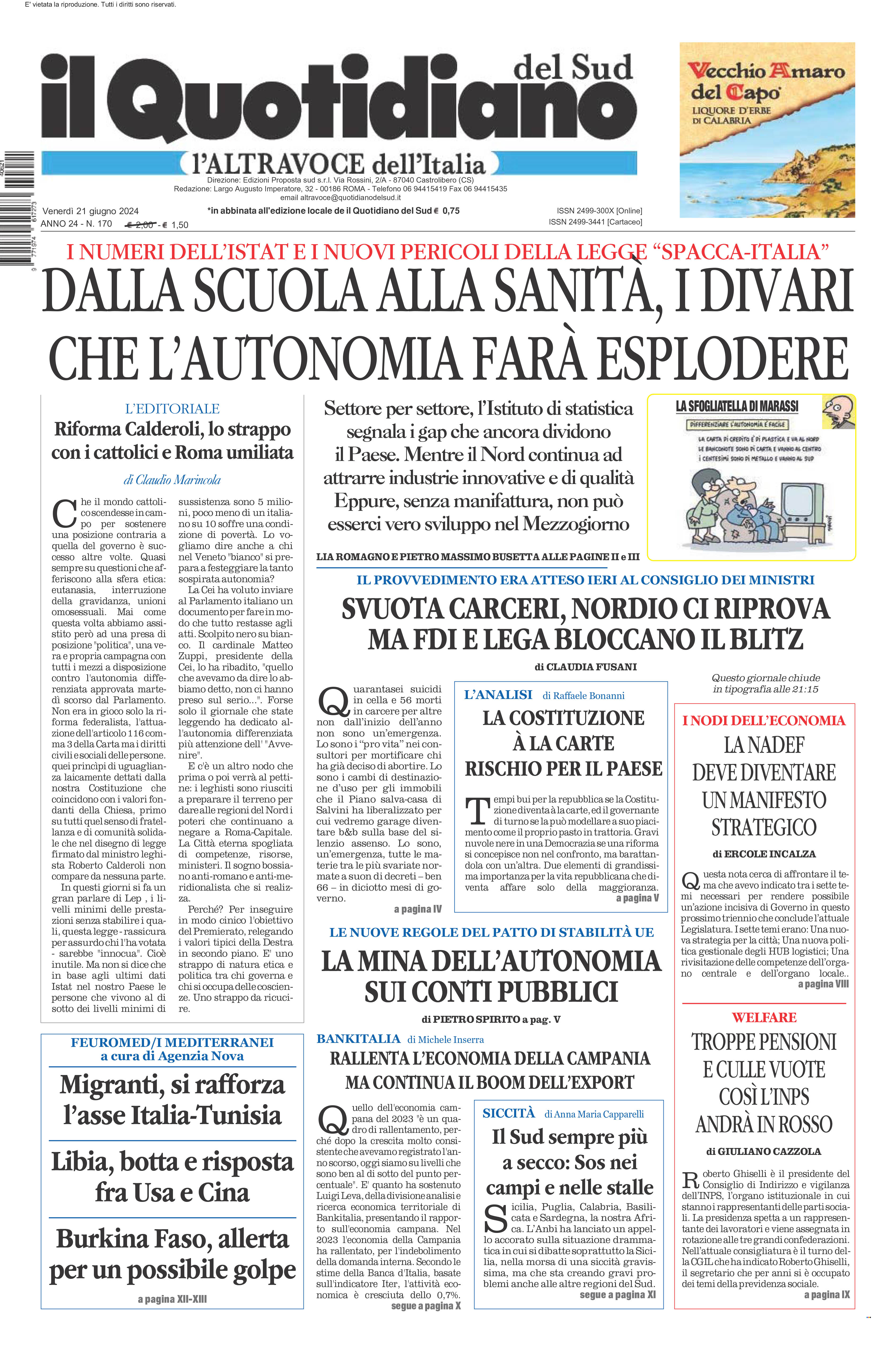 La prima pagina de l’ALTRAVOCE dell’ITALIA in edicola oggi