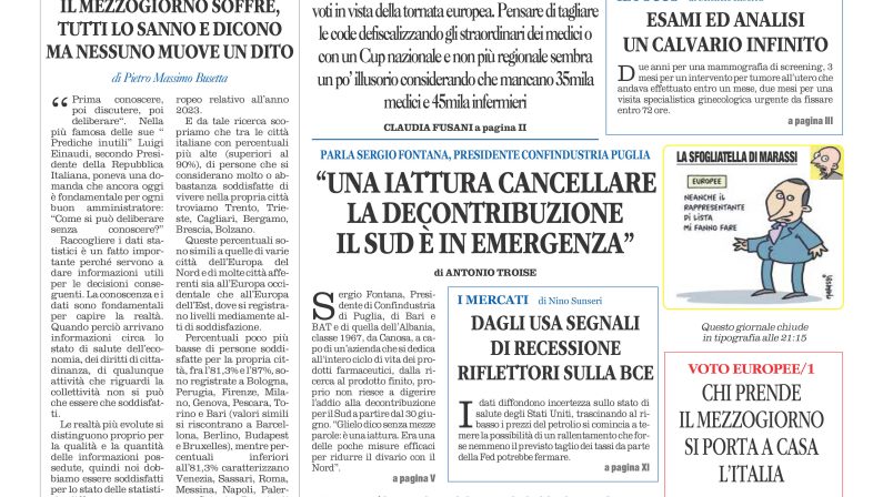 La prima pagina de l’ALTRAVOCE dell’ITALIA in edicola oggi