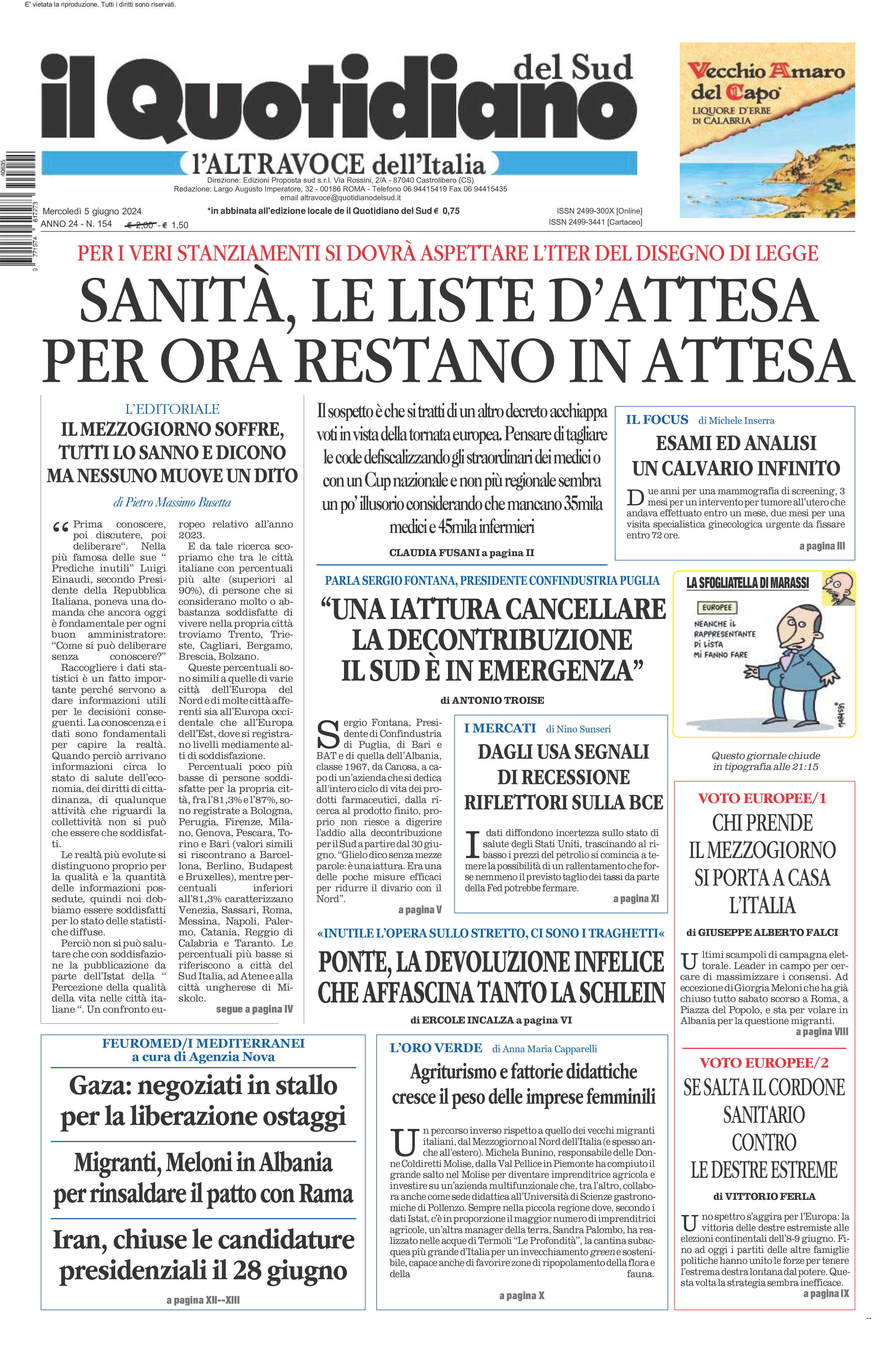 La prima pagina de l’ALTRAVOCE dell’ITALIA in edicola oggi